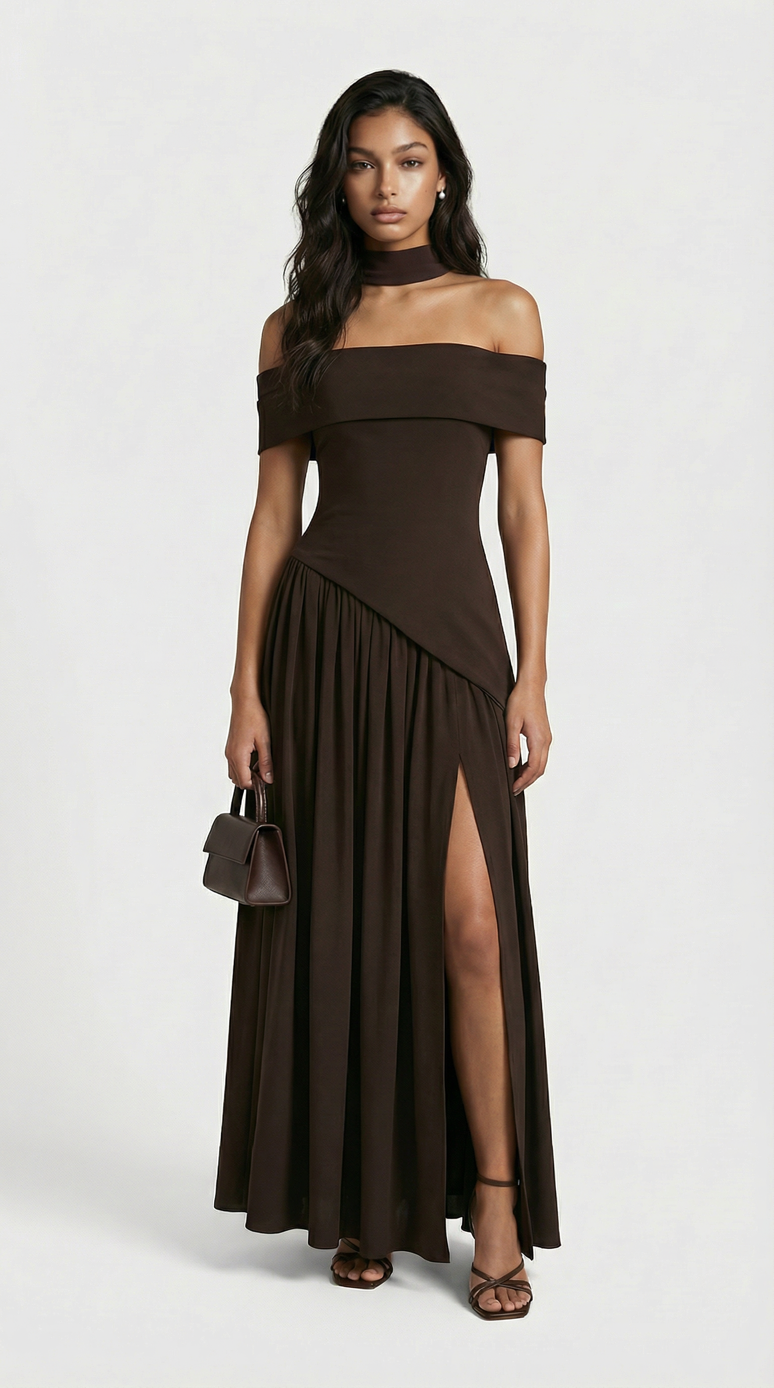 Strapless Brown Dress with Dramatic High Slit