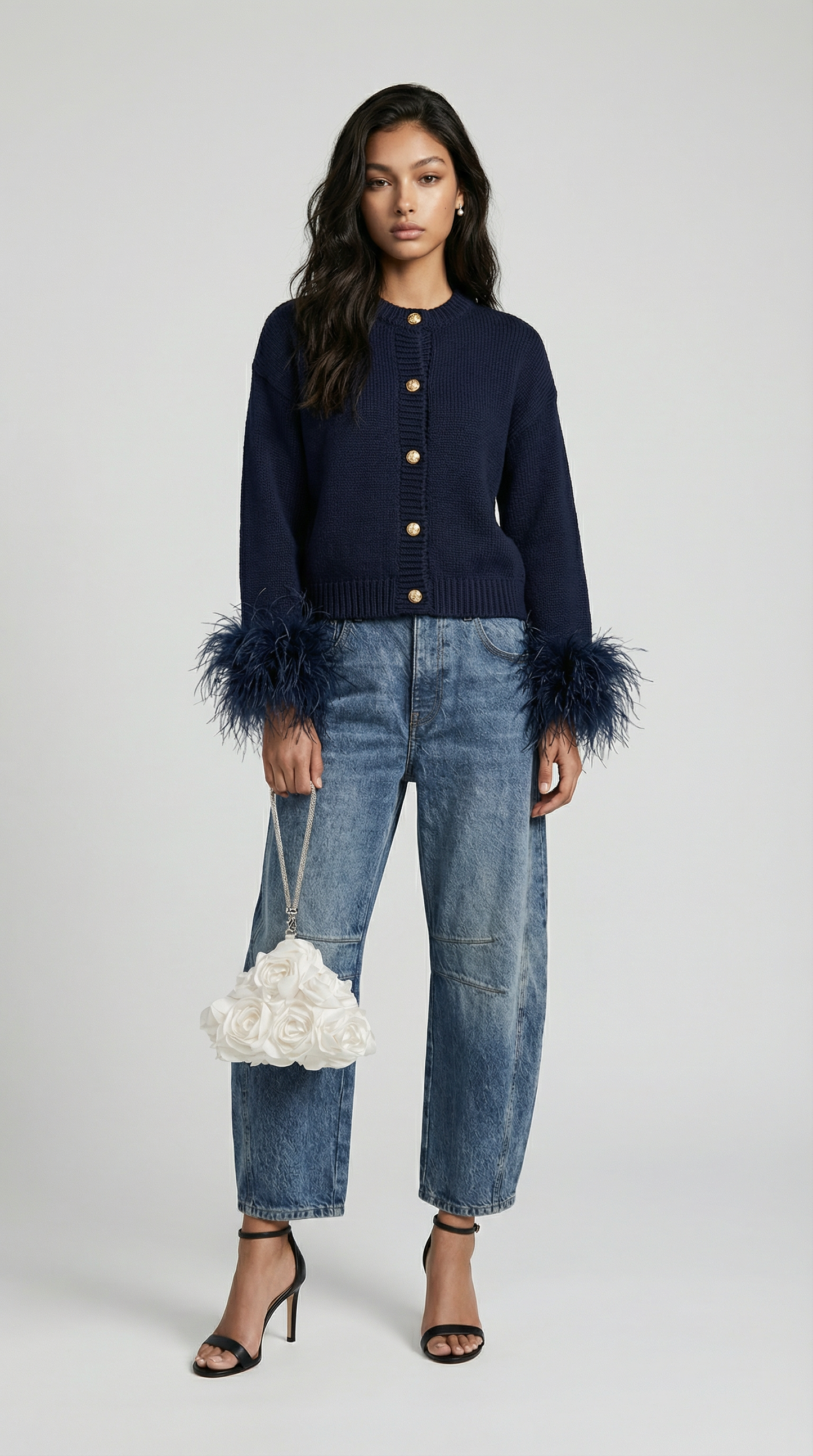 Feather-Trimmed Dark Blue Cotton Knit Cardigan