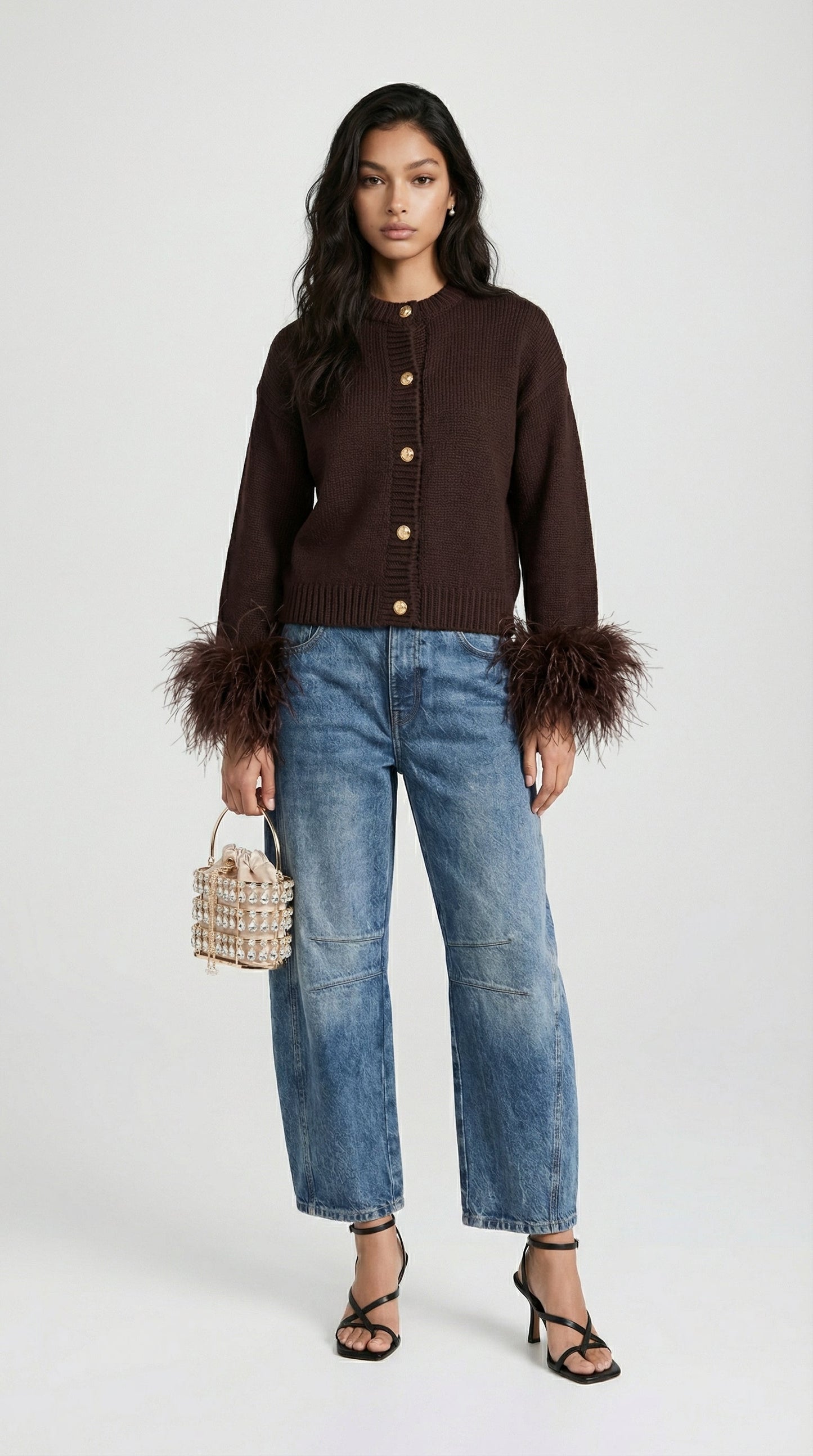 Feather-Trimmed Dark Brown Cotton Knit Cardigan