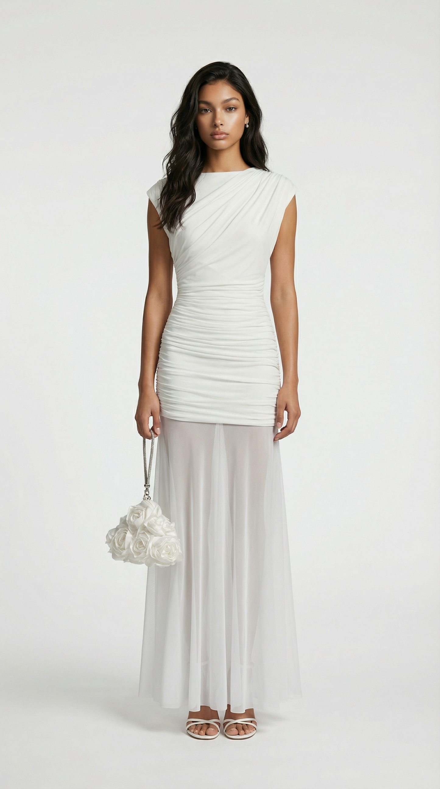 Minimalist Pleated Sculptural Long Dress in White