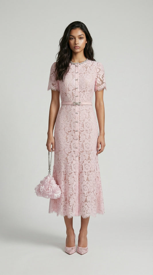 Elegant Pink Lace Fish-Tail Evening Gown