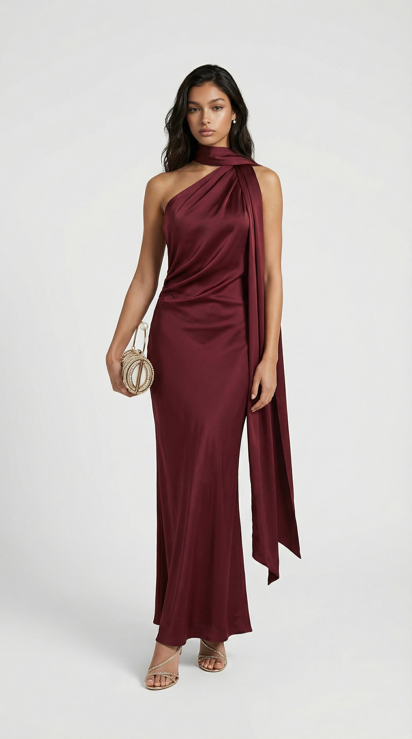 Elegant Wine Red Satin Halter Party Dress with Ribbon Detail