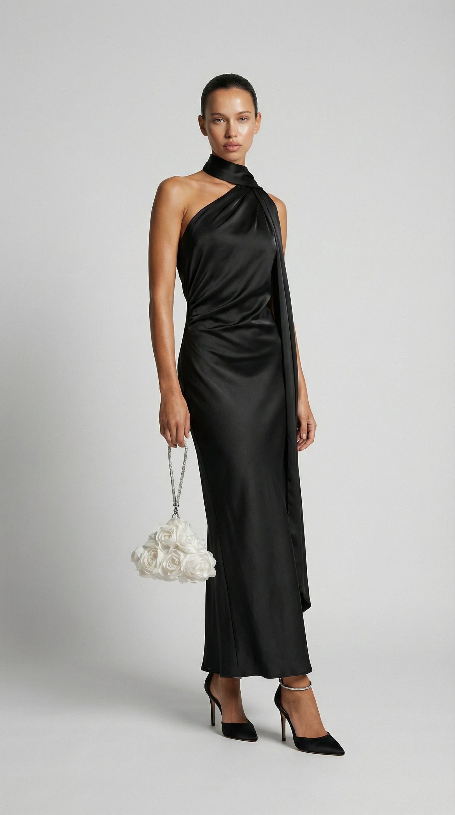 Elegant Black Satin Halter Ribbon Party Dress