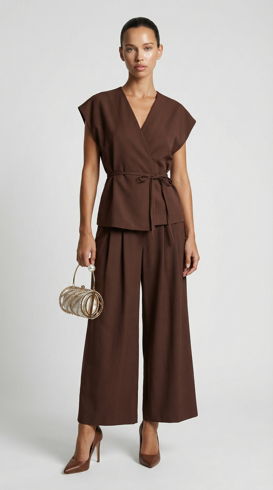 Brown Wide-Leg Tailored Trousers