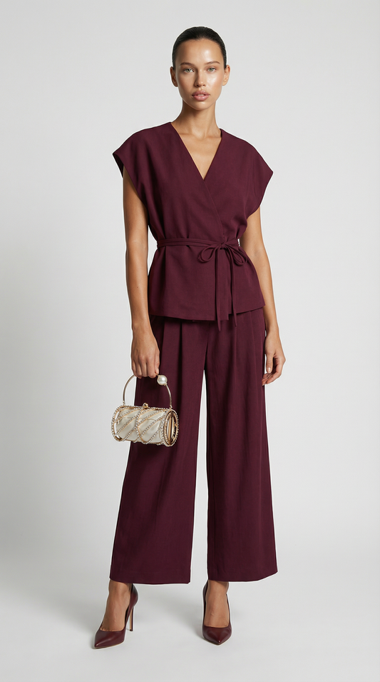 Burgundy Wide-Leg Tailored Trousers