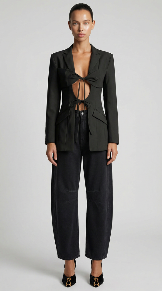 Architectural Cut-Out Lace-Up Blazer Top in Black