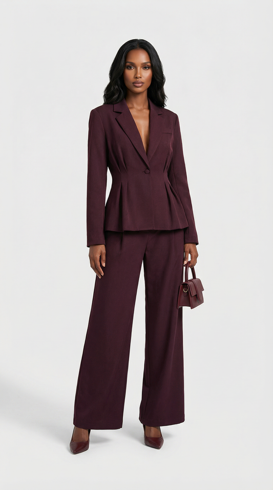 Sculptural V-Neck Blazer and Wide-Leg Trouser Set