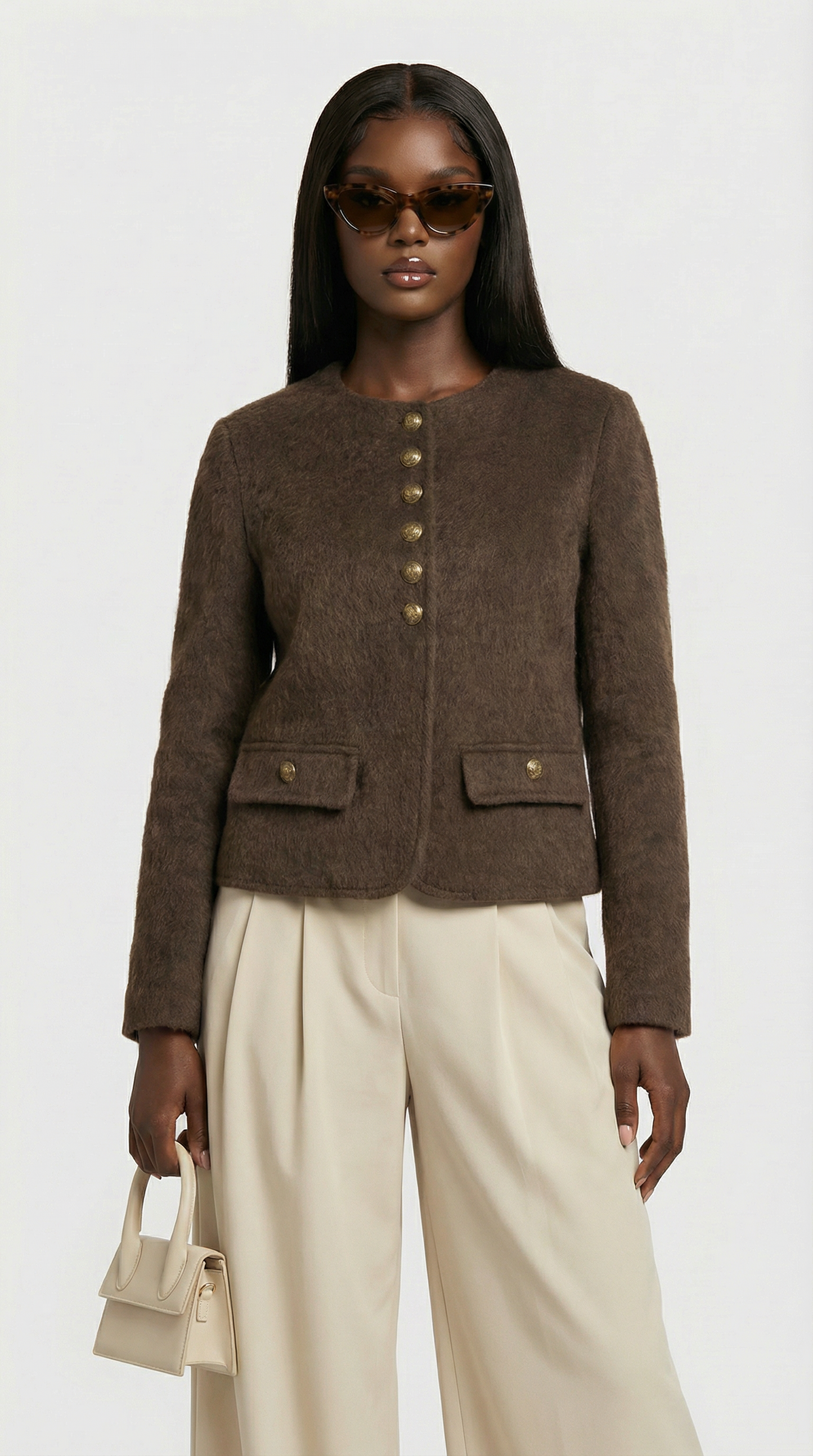 Wool & Cashmere Blend Boxy Cropped Jacket in Brown