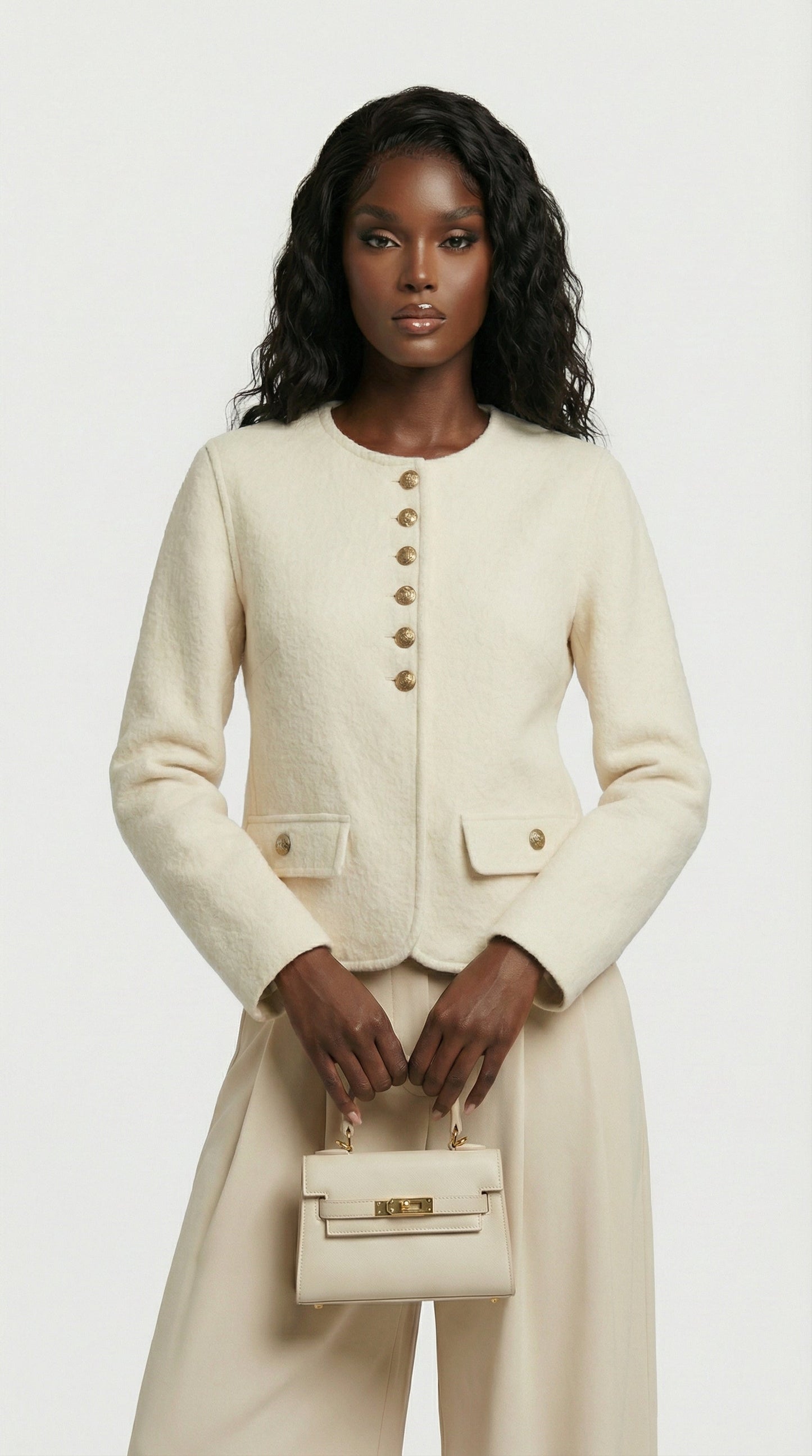Wool & Cashmere Blend Boxy Cropped Jacket in Beige
