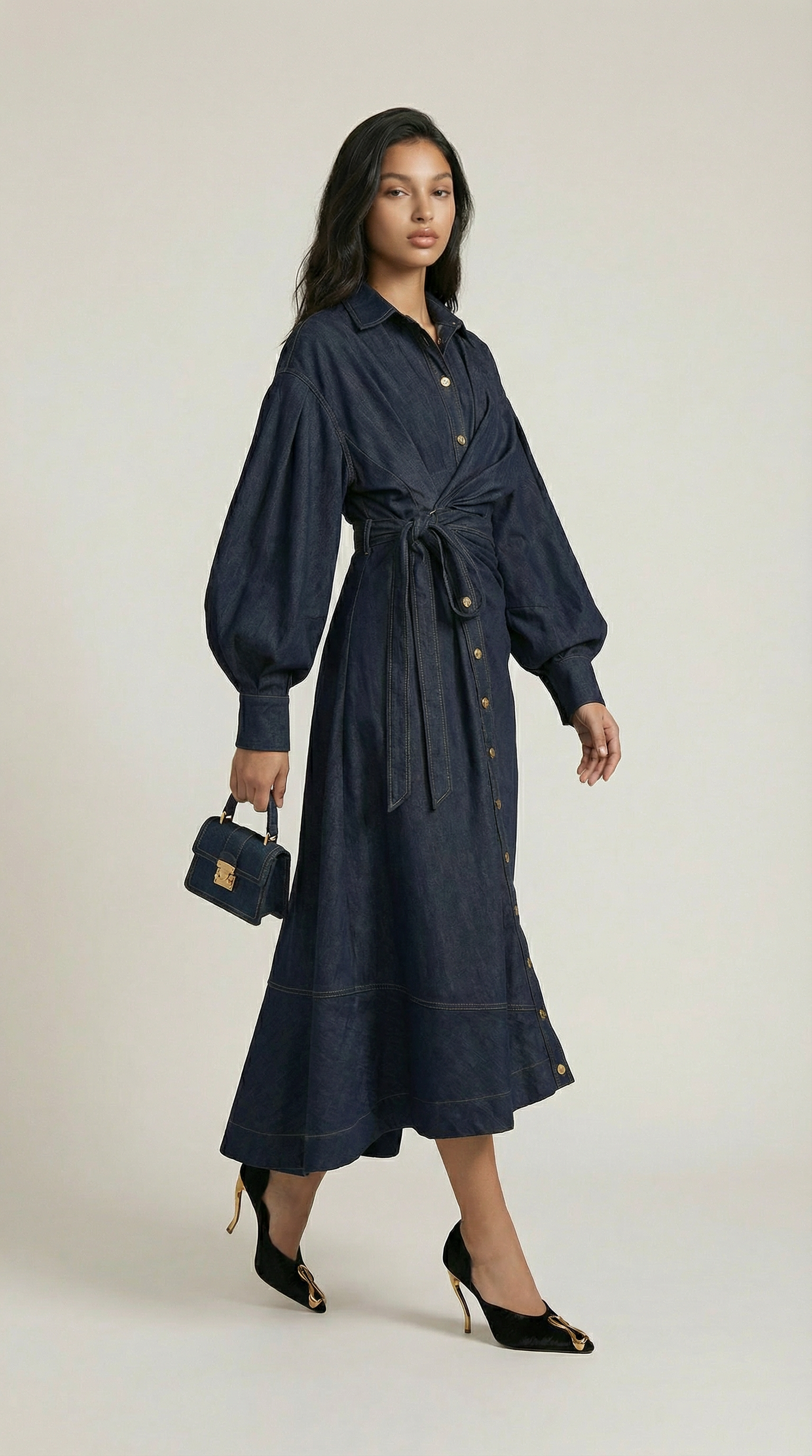 Long Sleeve Oversized Denim Dress in Navy Blue
