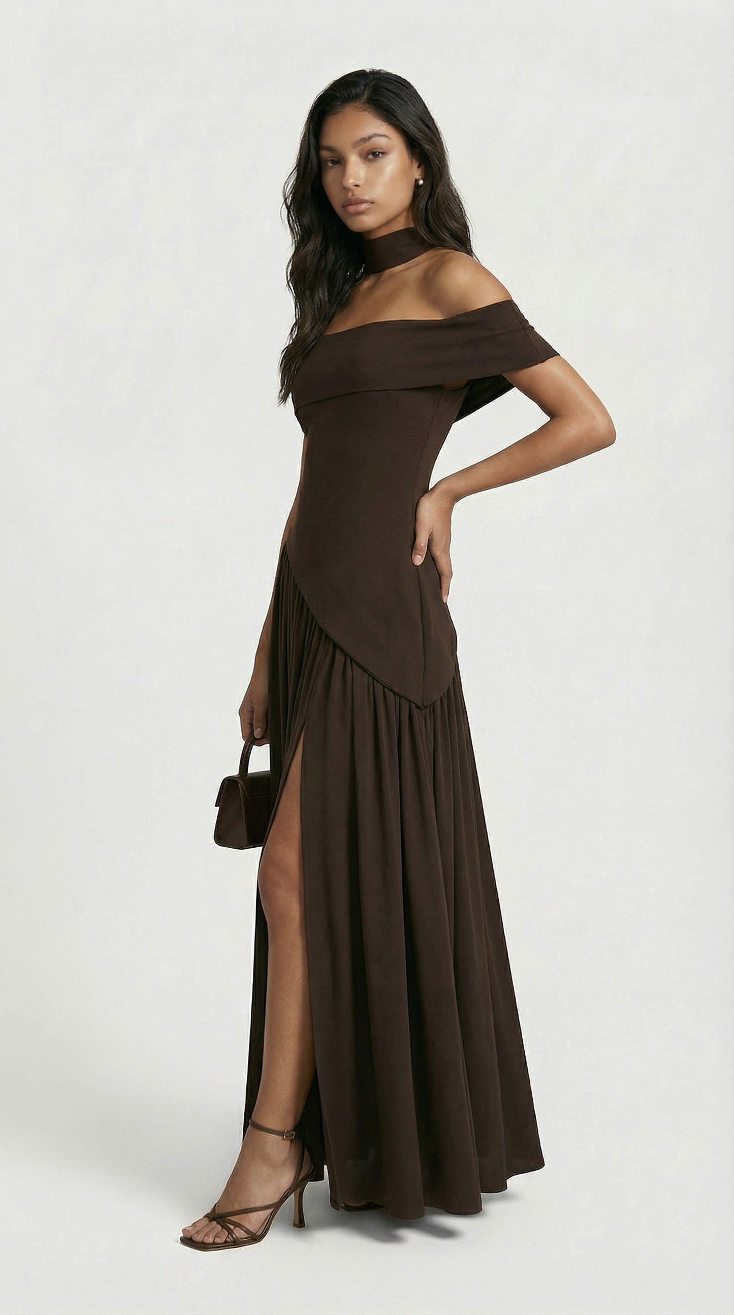 Strapless Brown Dress with Dramatic High Slit
