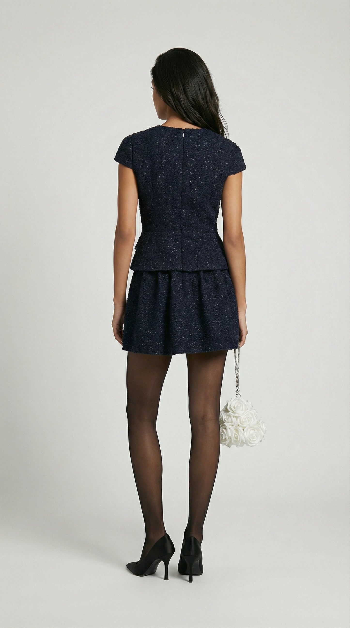 Elegant Short Tweed Dresses for Women with Diamond Jewel Buttons