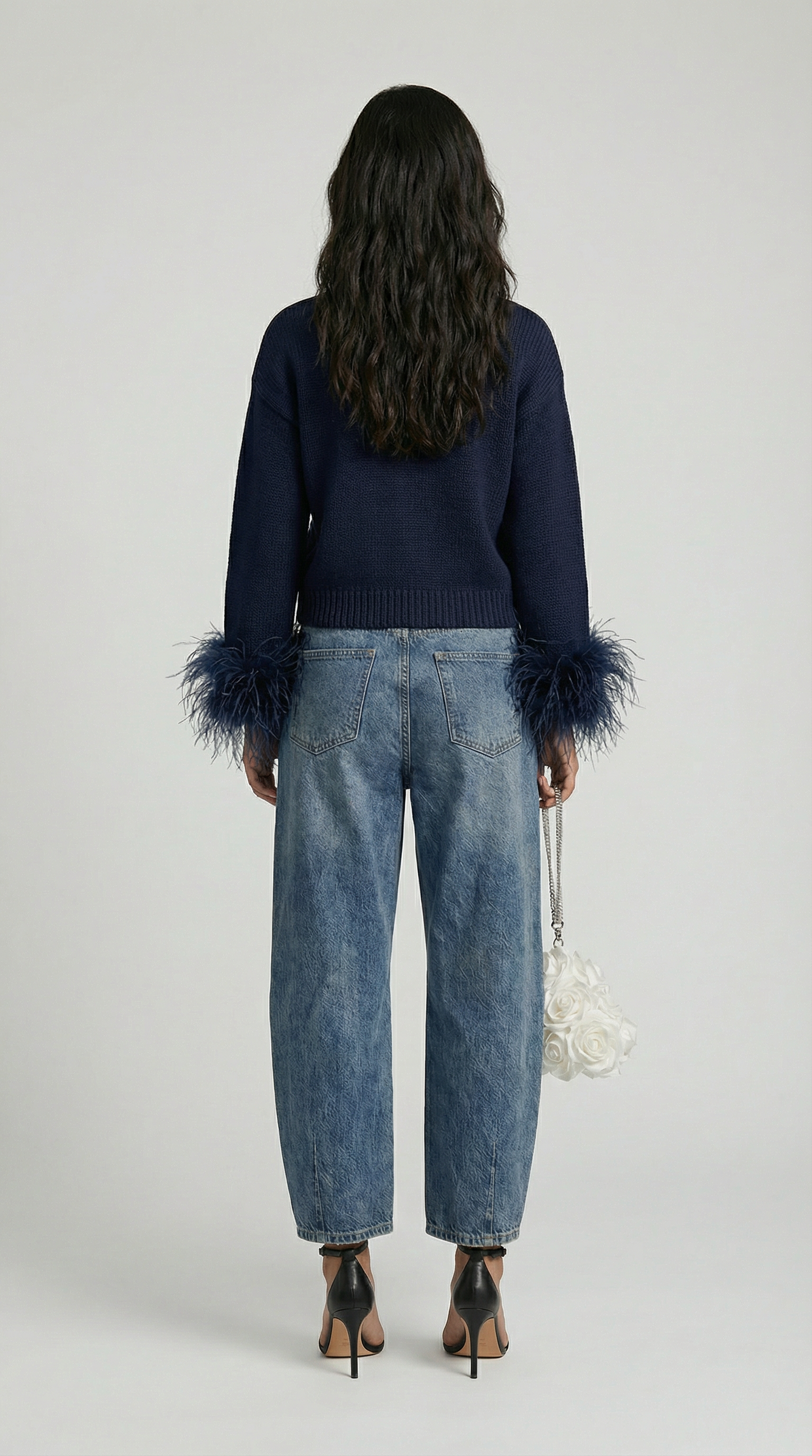 Feather-Trimmed Dark Blue Cotton Knit Cardigan