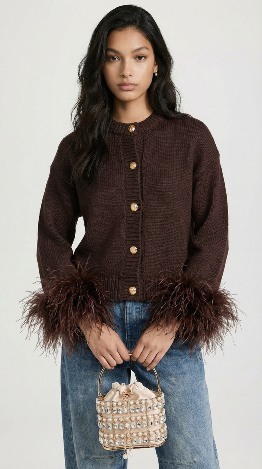 Feather-Trimmed Dark Brown Cotton Knit Cardigan