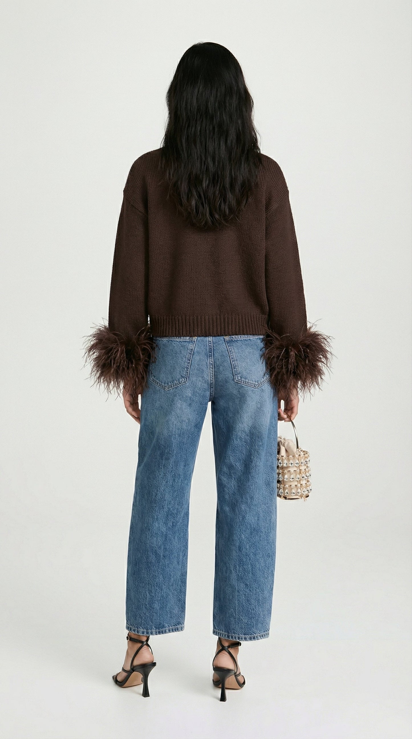 Feather-Trimmed Dark Brown Cotton Knit Cardigan