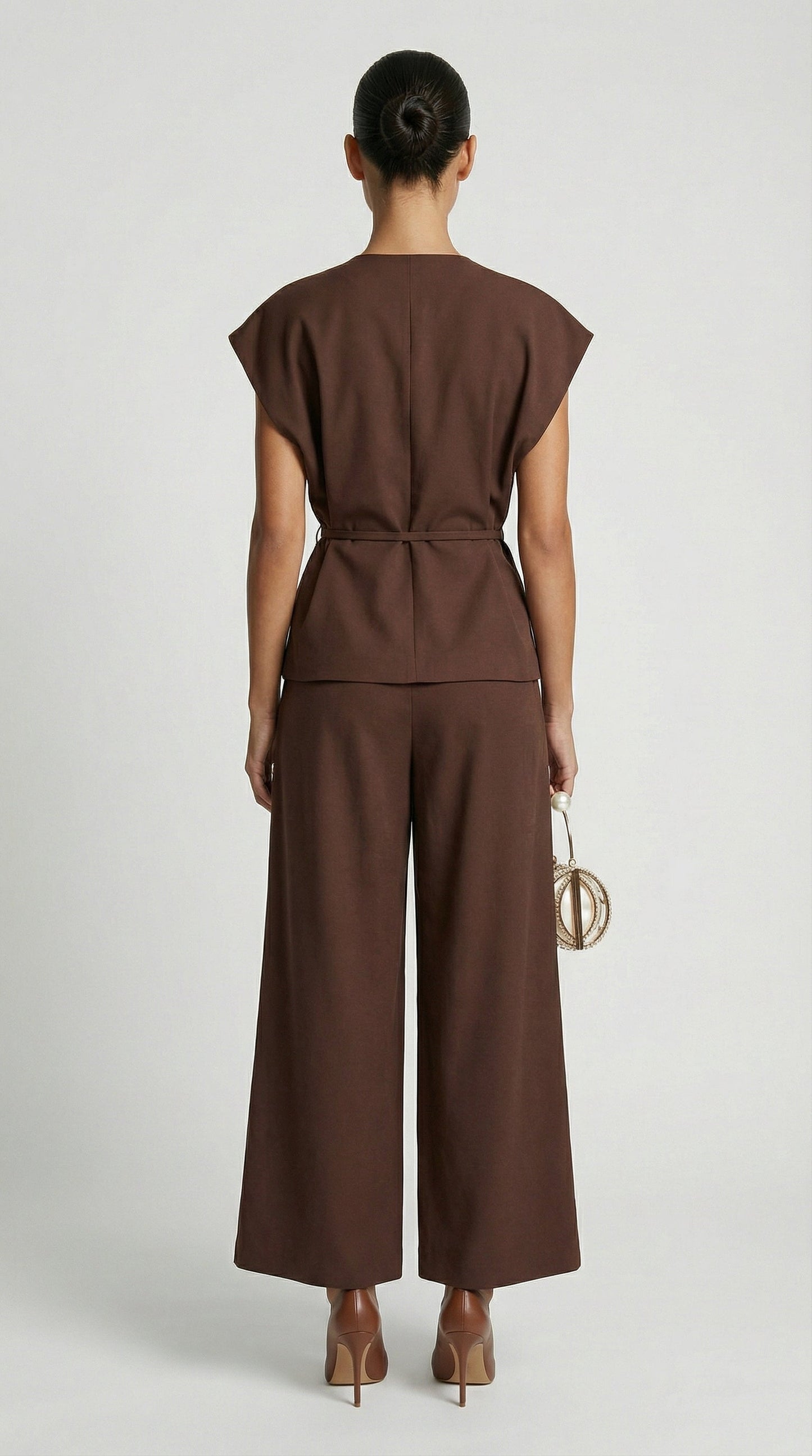 Brown Wide-Leg Tailored Trousers