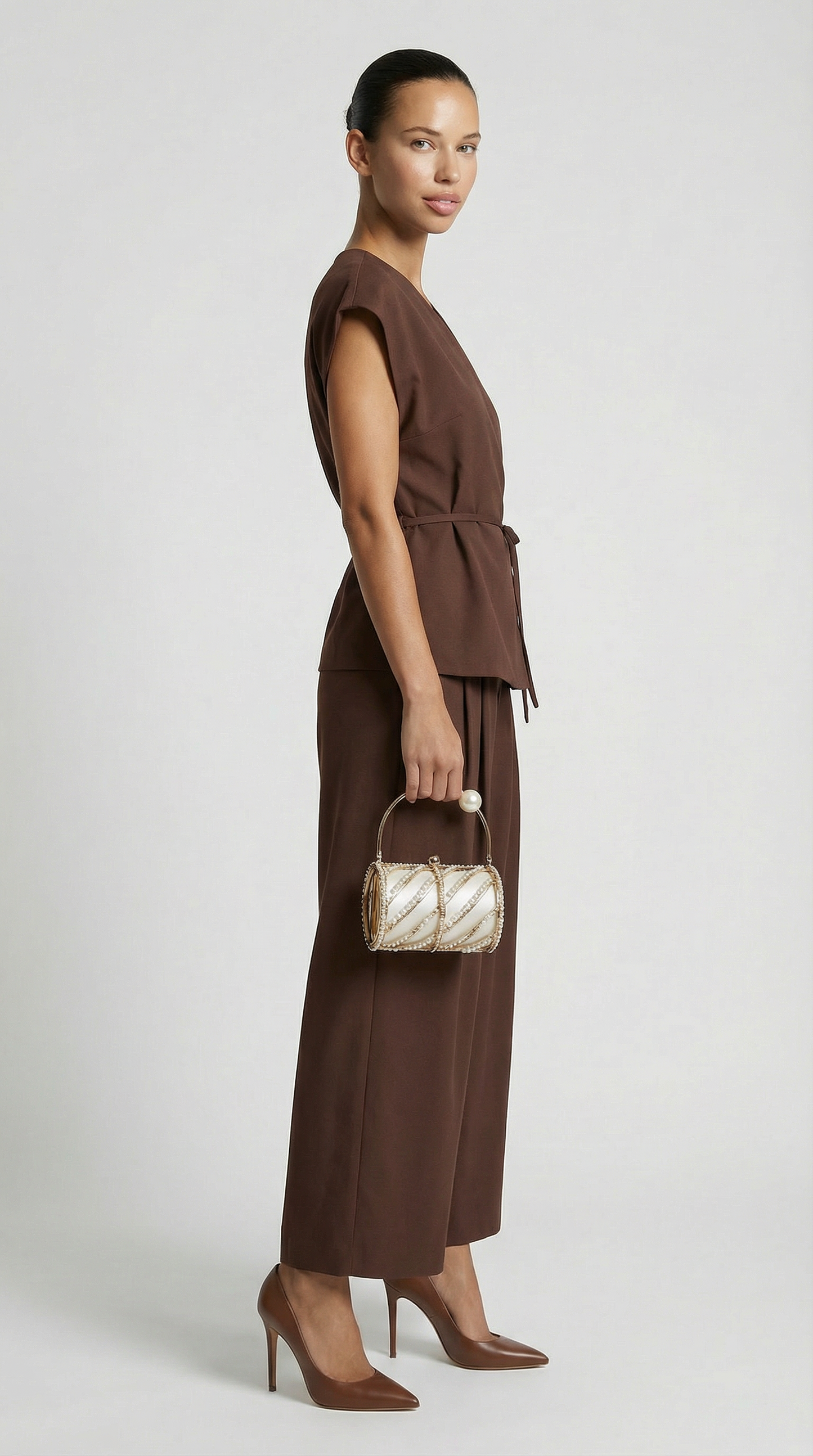 Brown Wide-Leg Tailored Trousers