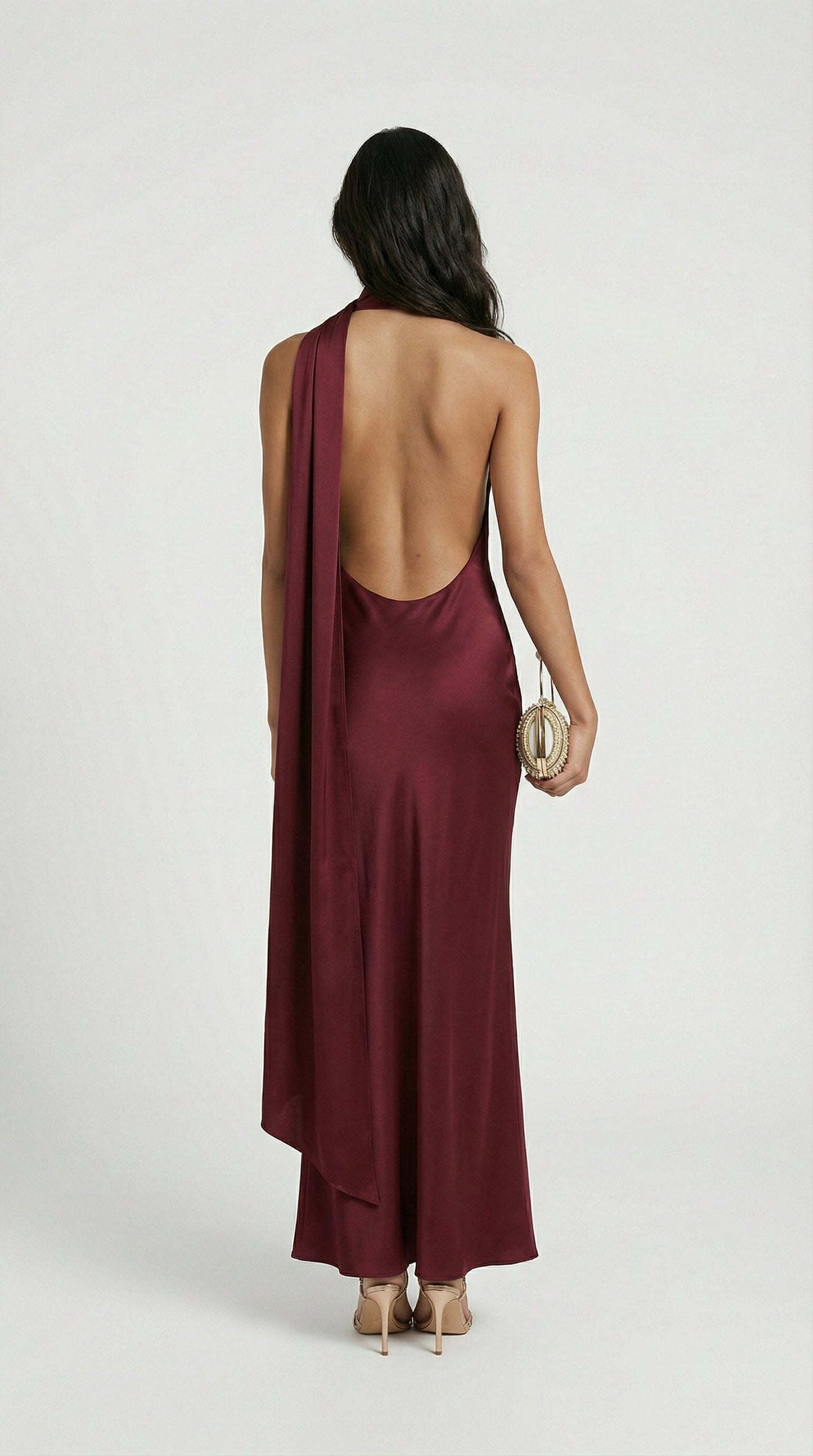 Elegant Wine Red Satin Halter Party Dress with Ribbon Detail