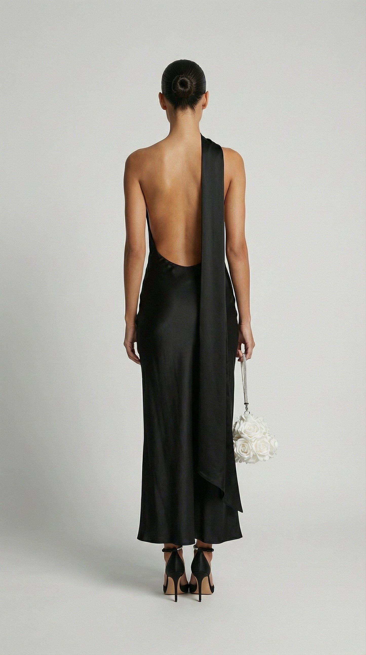 Elegant Black Satin Halter Ribbon Party Dress