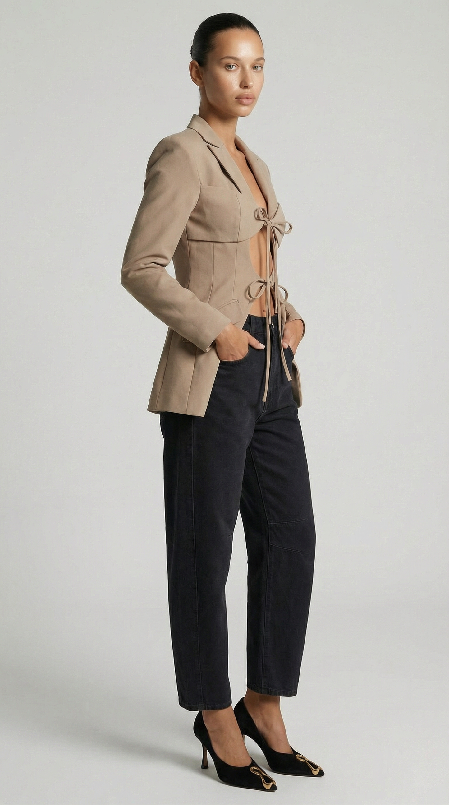 Beige Architectural Cut-Out Lace-Up Blazer Top