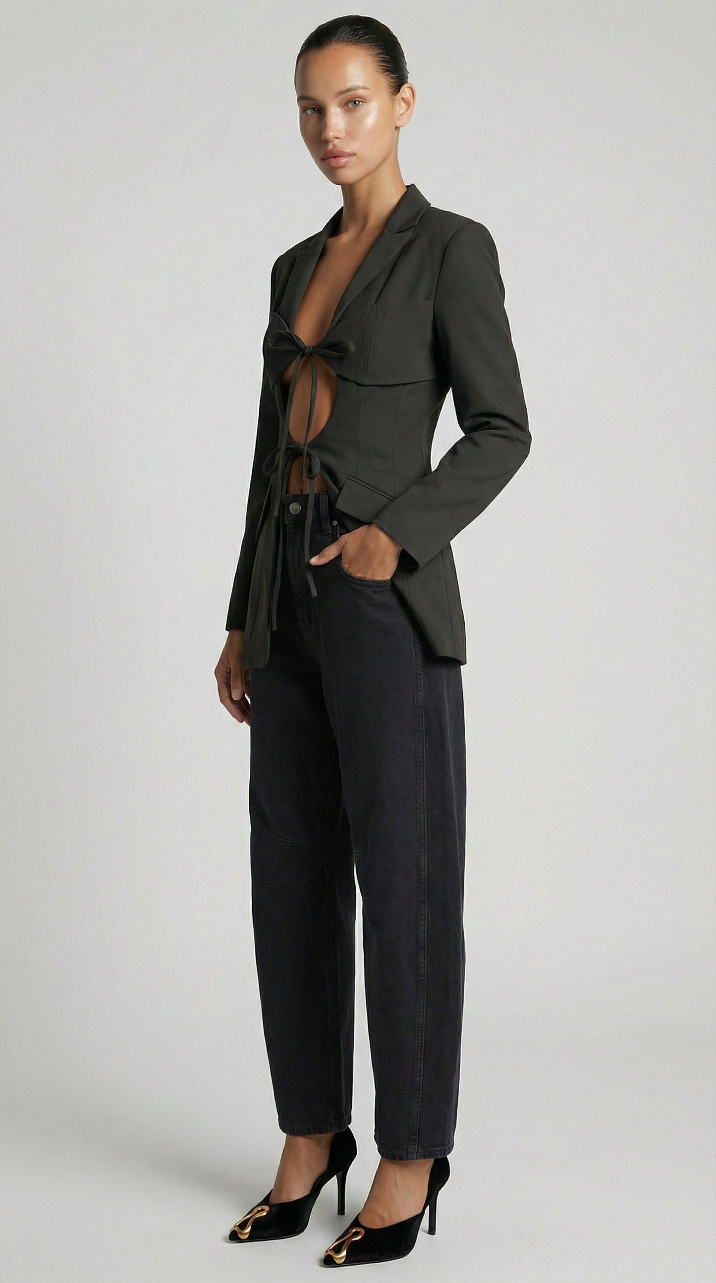 Architectural Cut-Out Lace-Up Blazer Top in Black