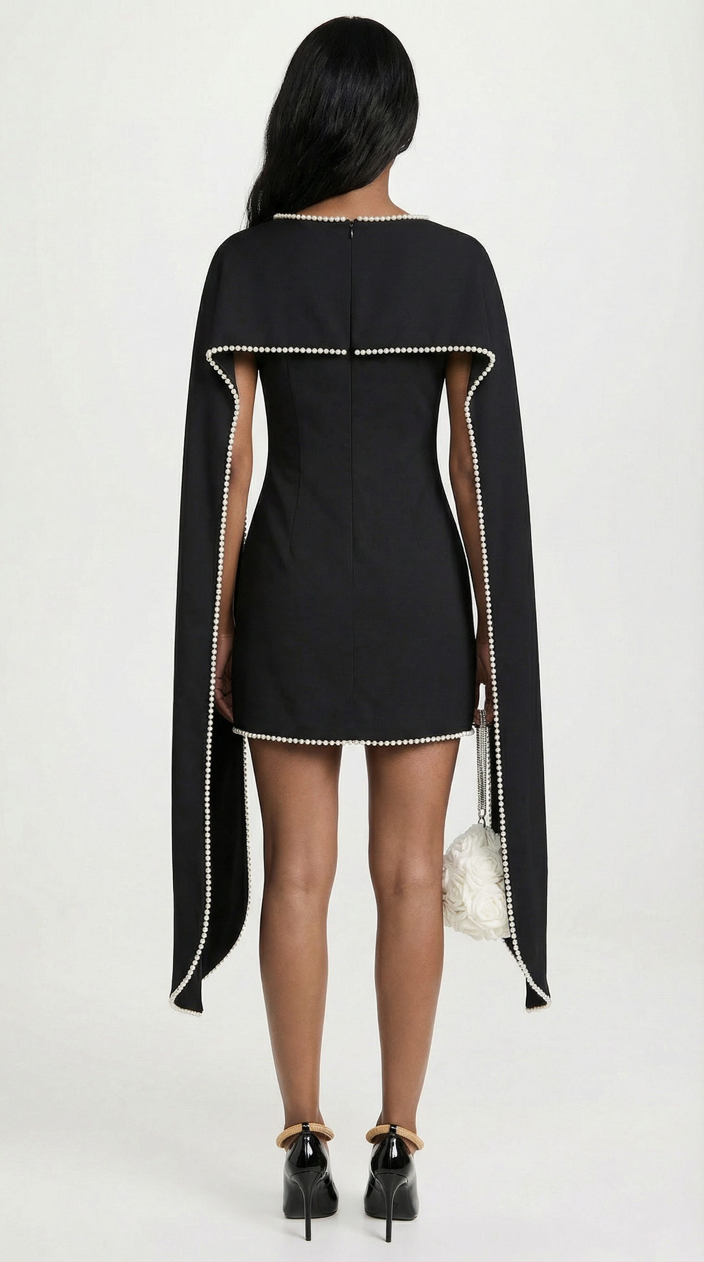 Minimalist Cape Dress with Pearl Trim