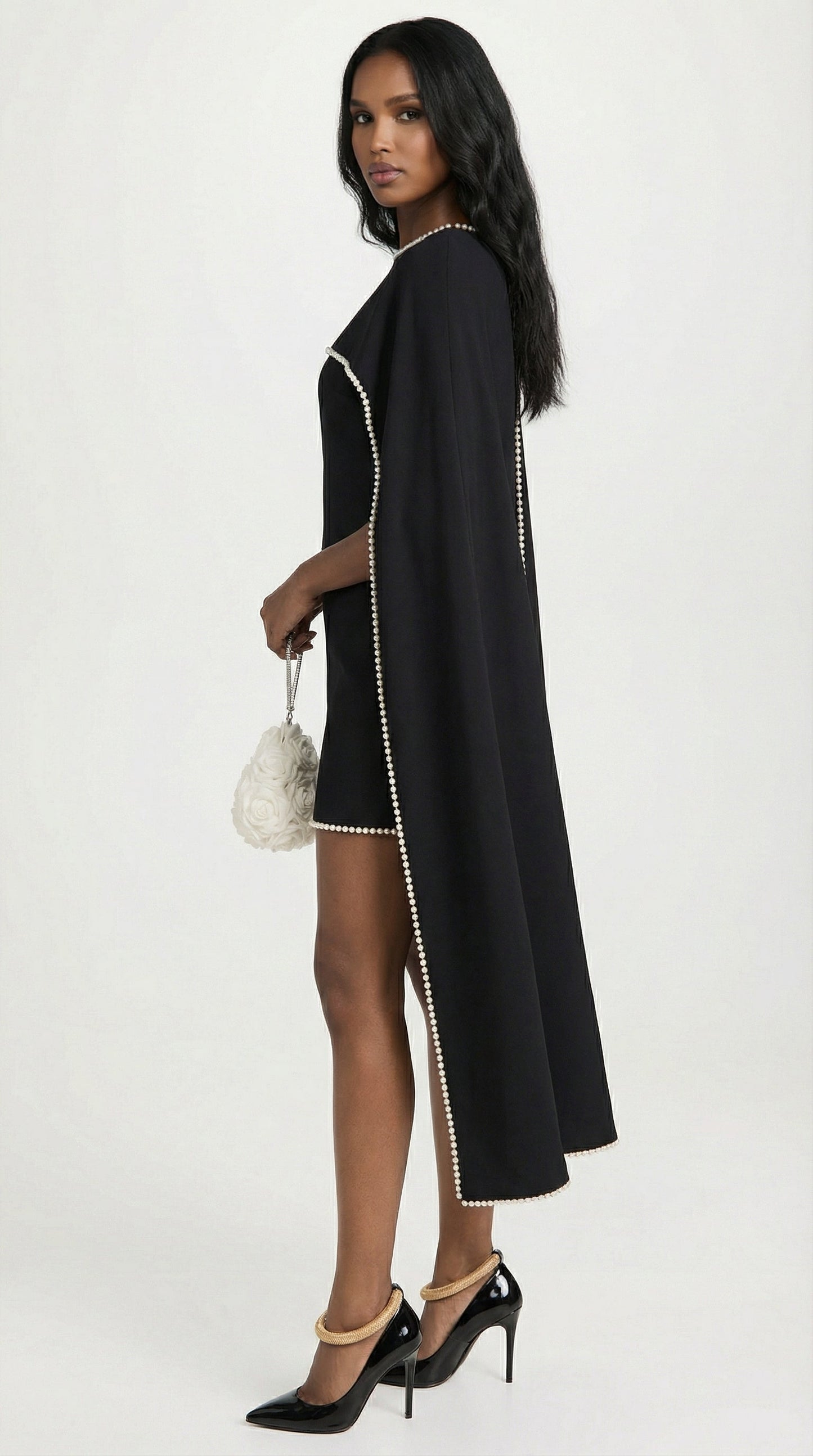 Minimalist Cape Dress with Pearl Trim