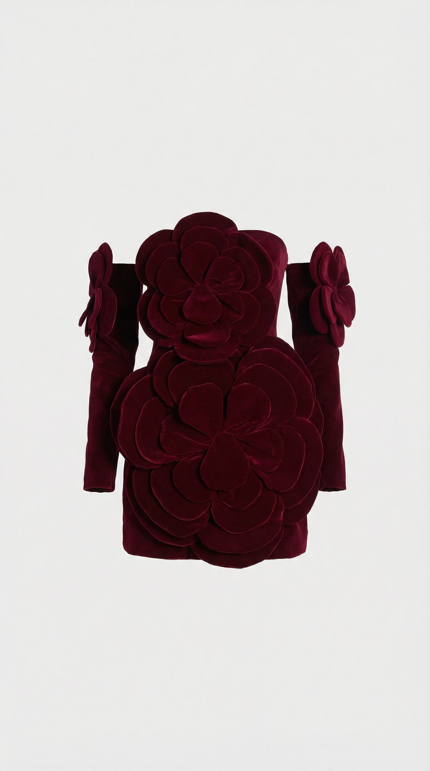 3D Sculptural Velvet Floral Gown and Gloves Set in Red