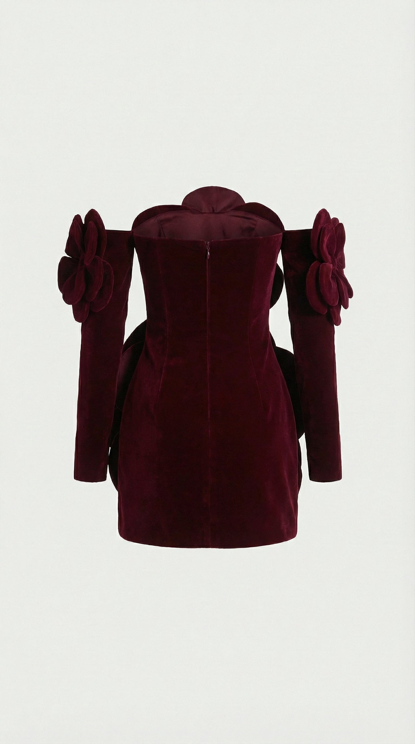 3D Sculptural Velvet Floral Gown and Gloves Set in Red