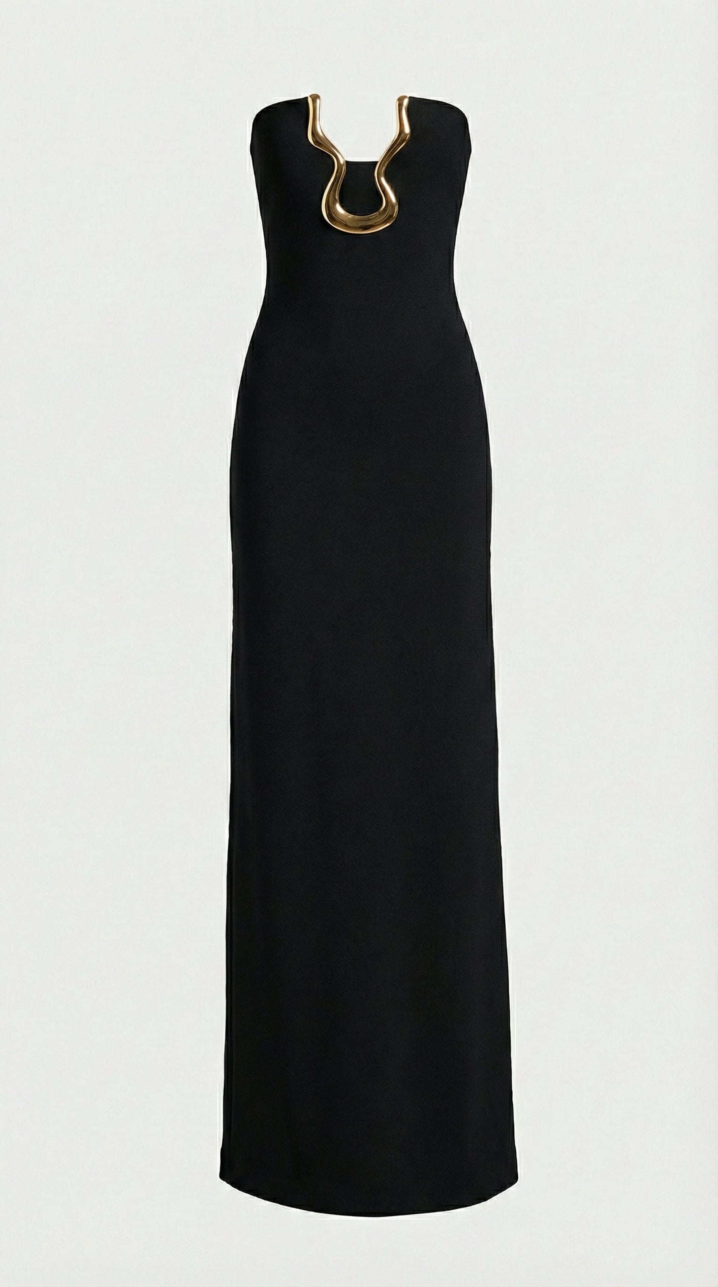 Sculptural Gold U-Strapless Maxi Dress