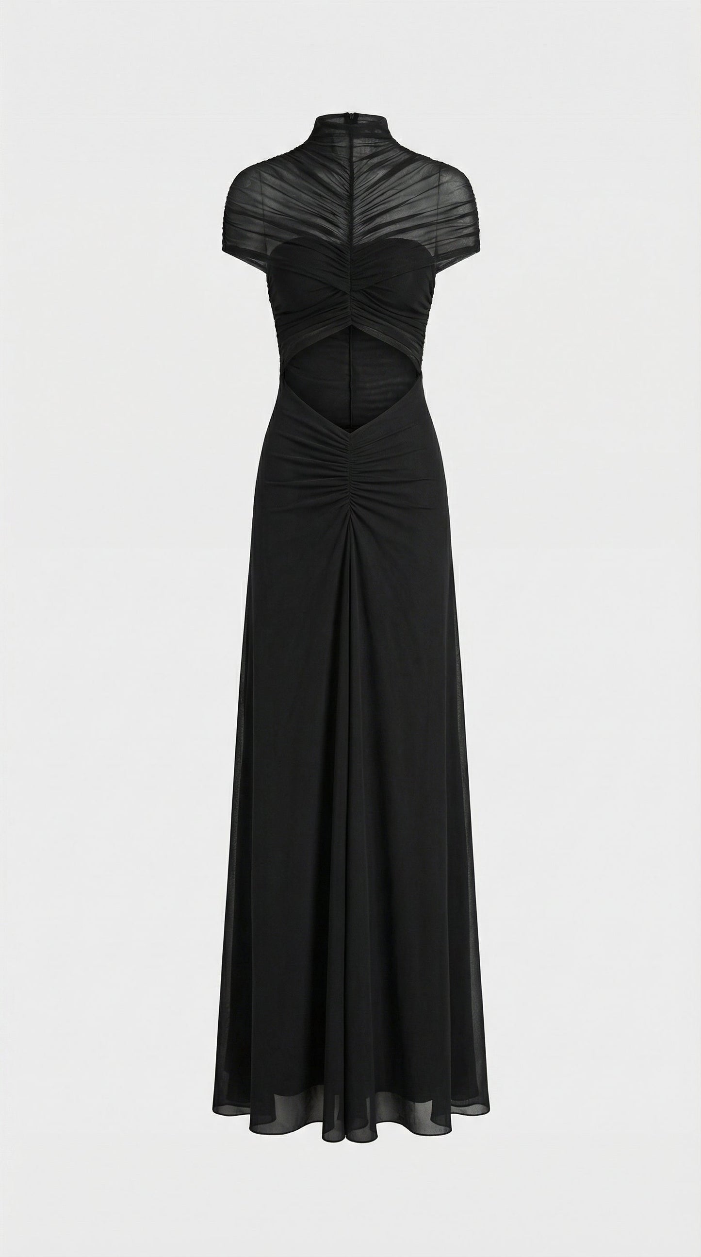 Black Ruched Irregular Mesh Cut-Out Maxi Dress