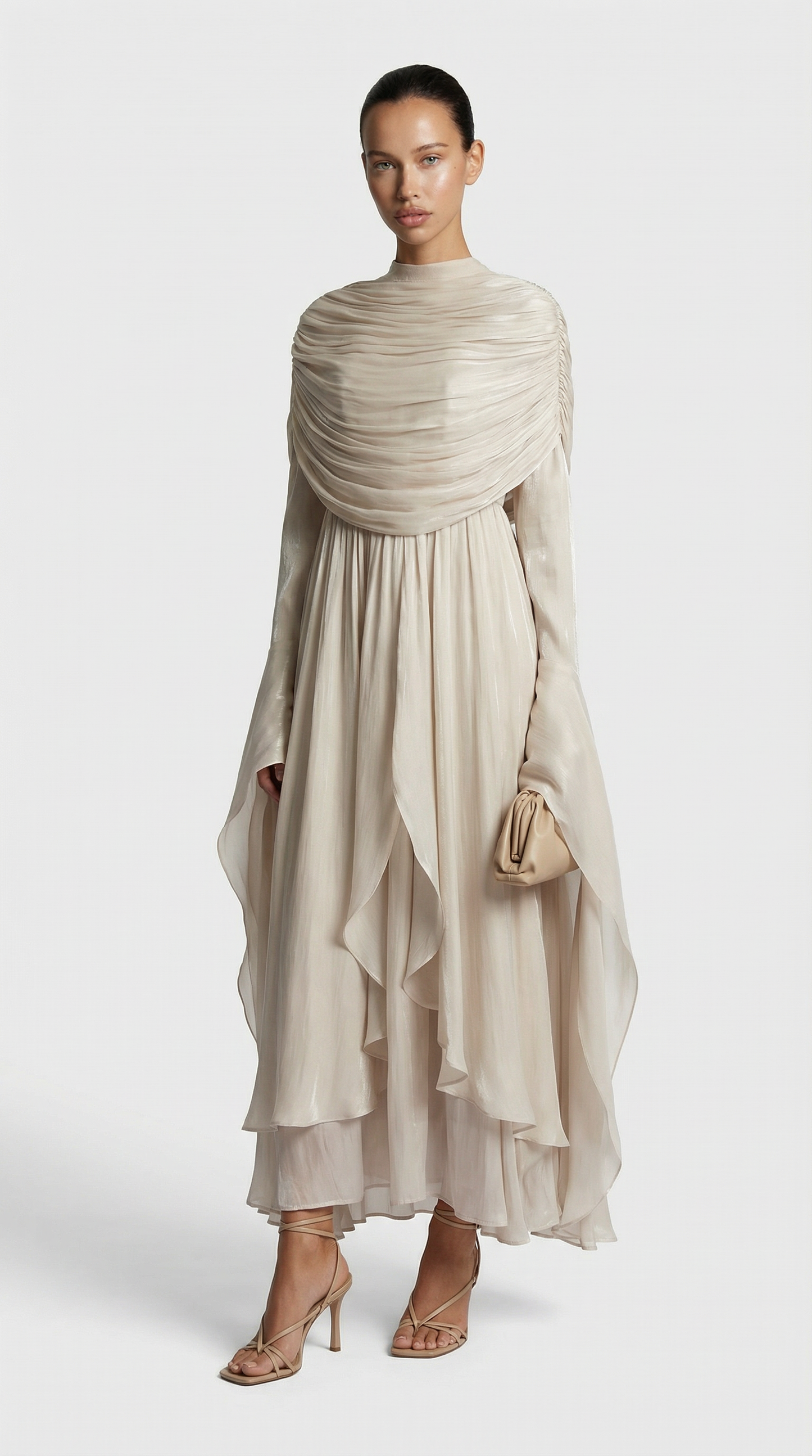 Irregular Pleated Ruffled Dress in Light Apricot