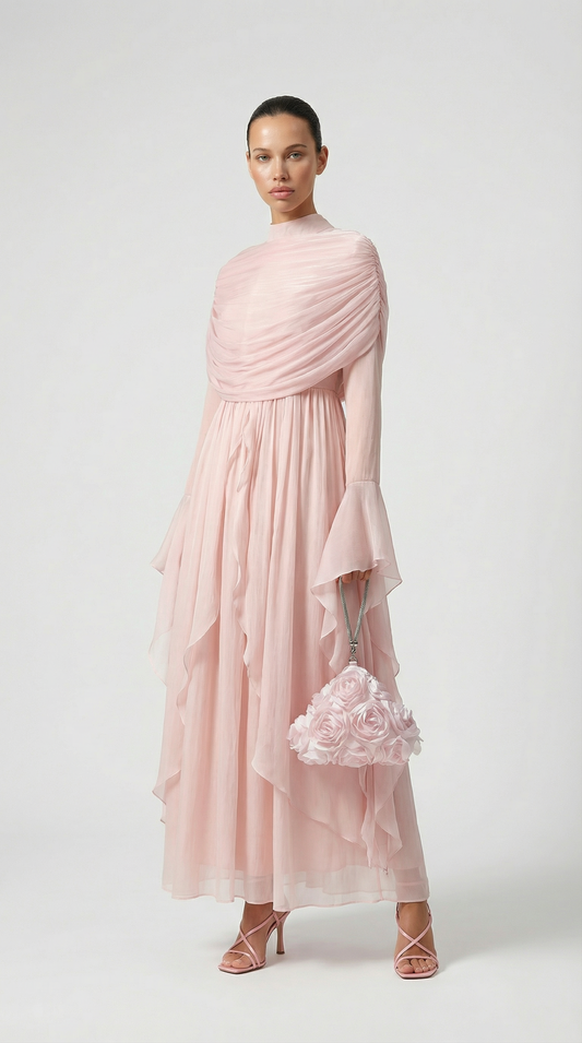 Irregular Pleated Ruffled Dress in Light Pink