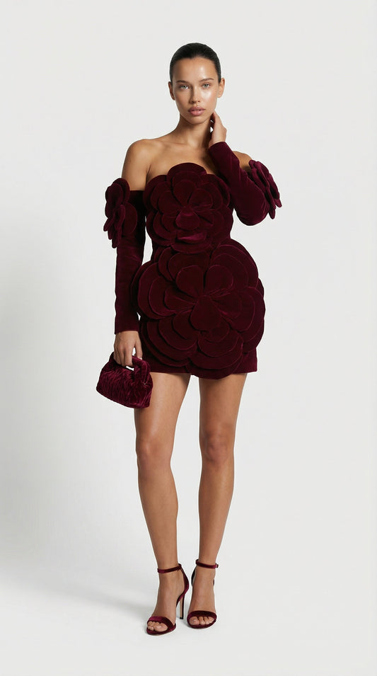 3D Sculptural Velvet Floral Gown and Gloves Set in Red