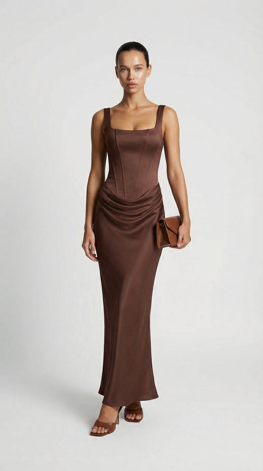 Sculptural Fishbone Draped Maxi Dress in Brown