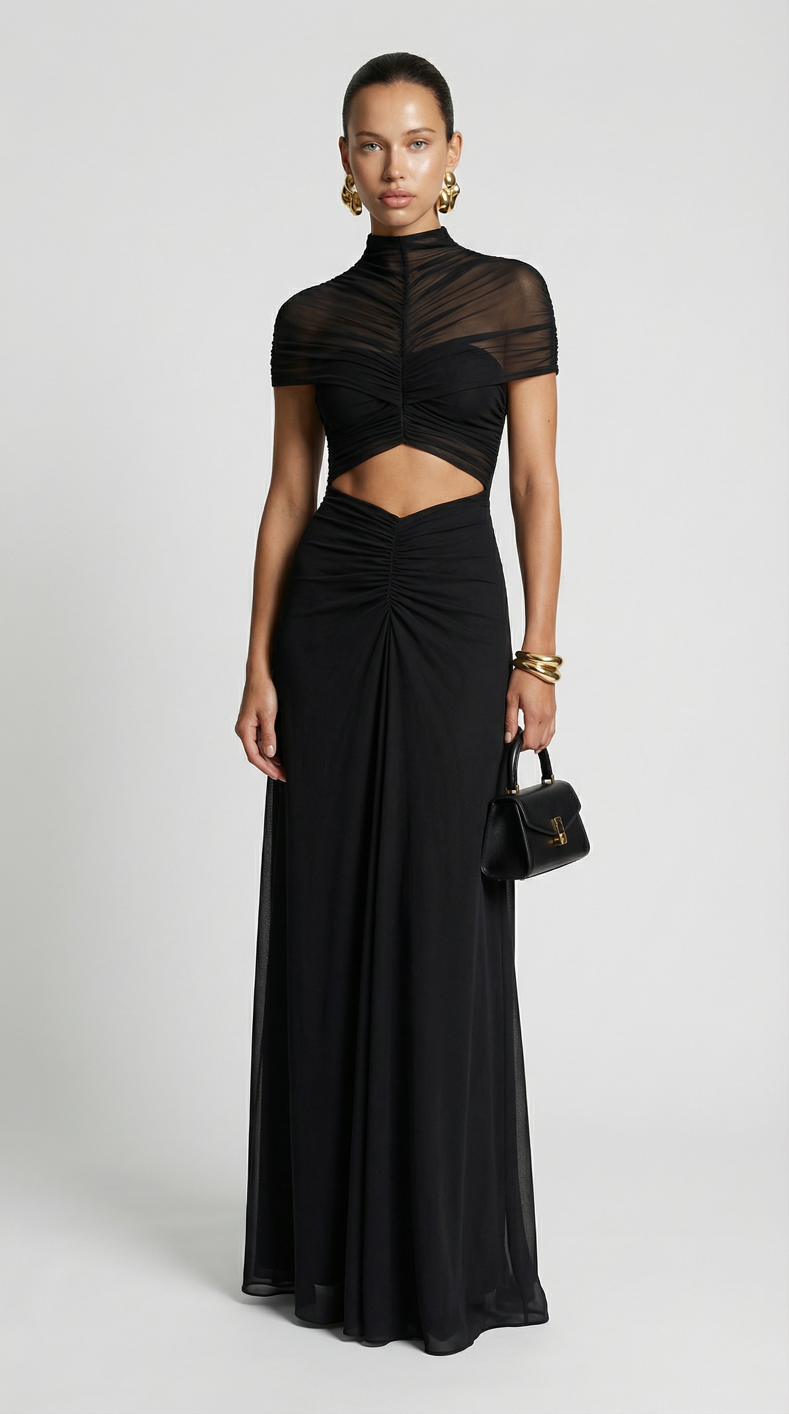 Black Ruched Irregular Mesh Cut-Out Maxi Dress