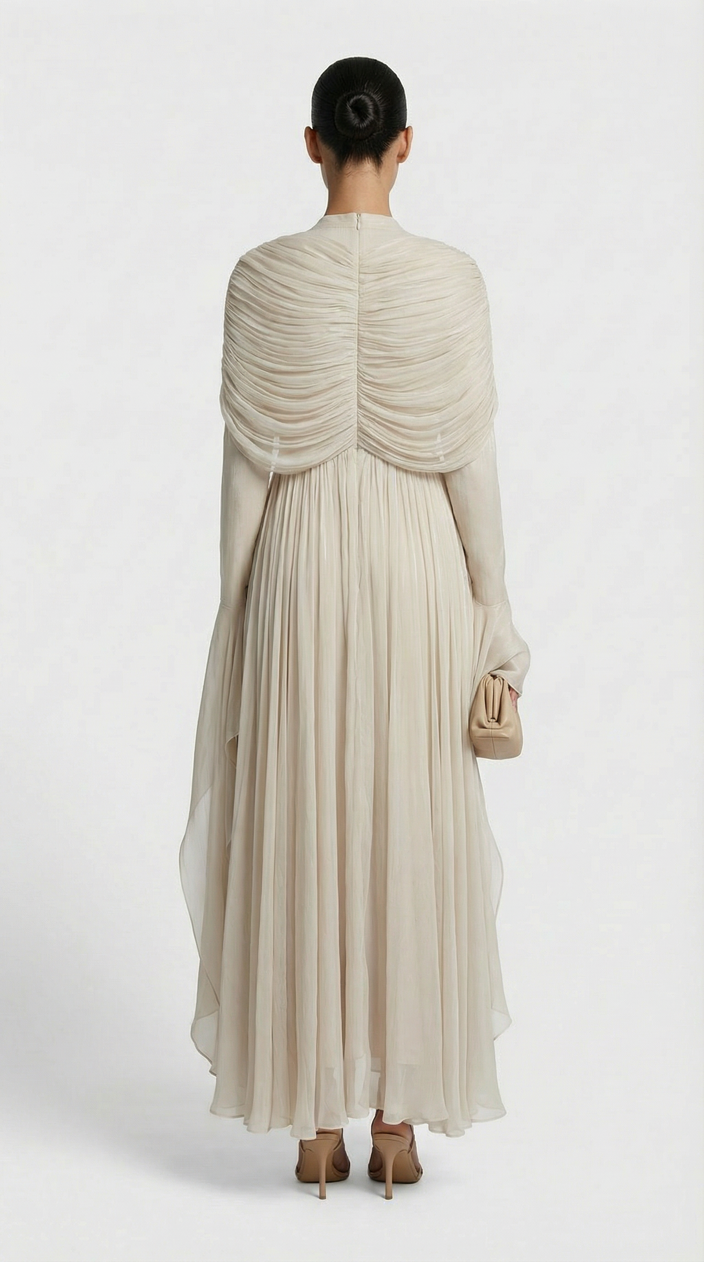 Irregular Pleated Ruffled Dress in Light Apricot