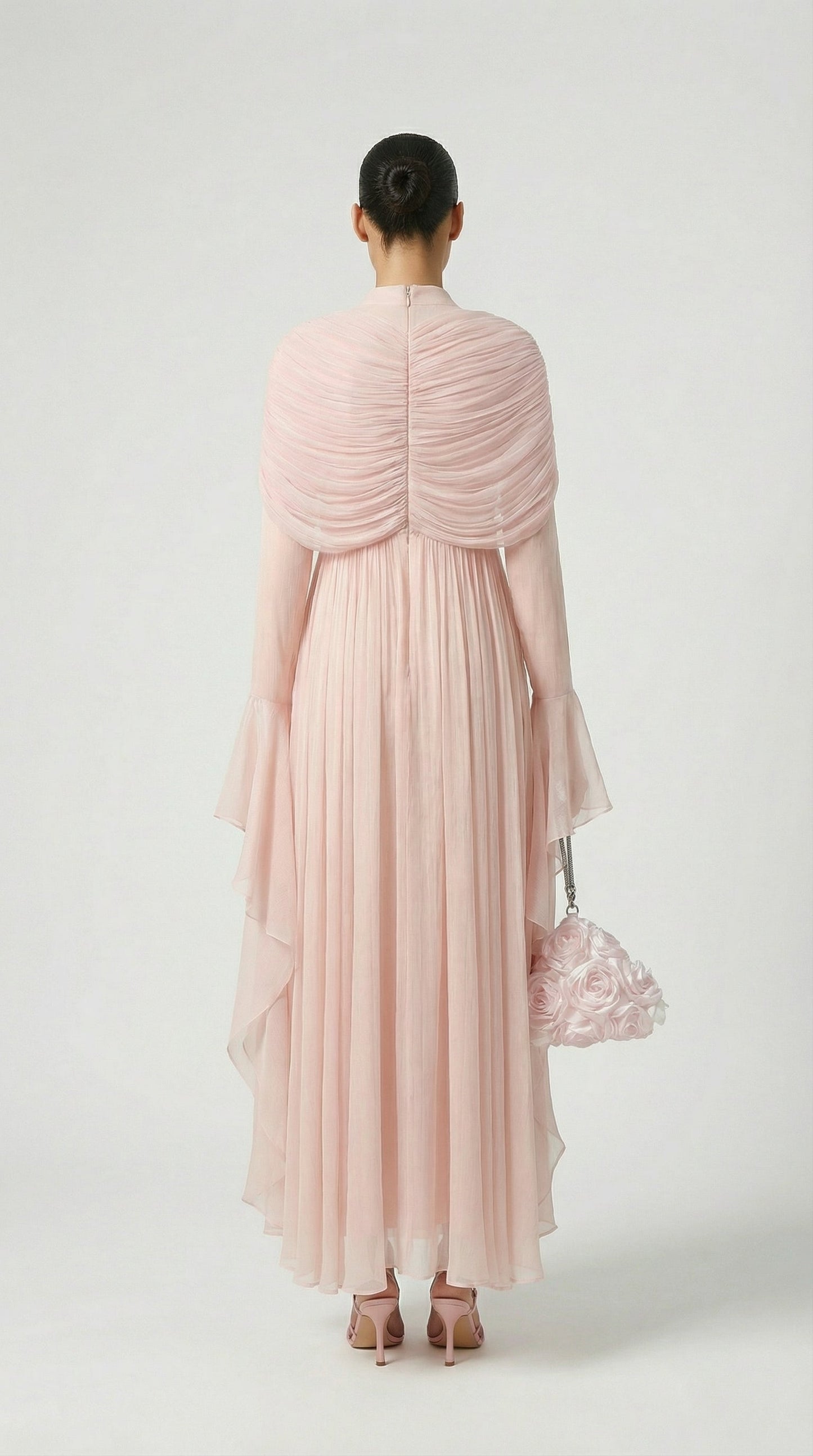 Irregular Pleated Ruffled Dress in Light Pink