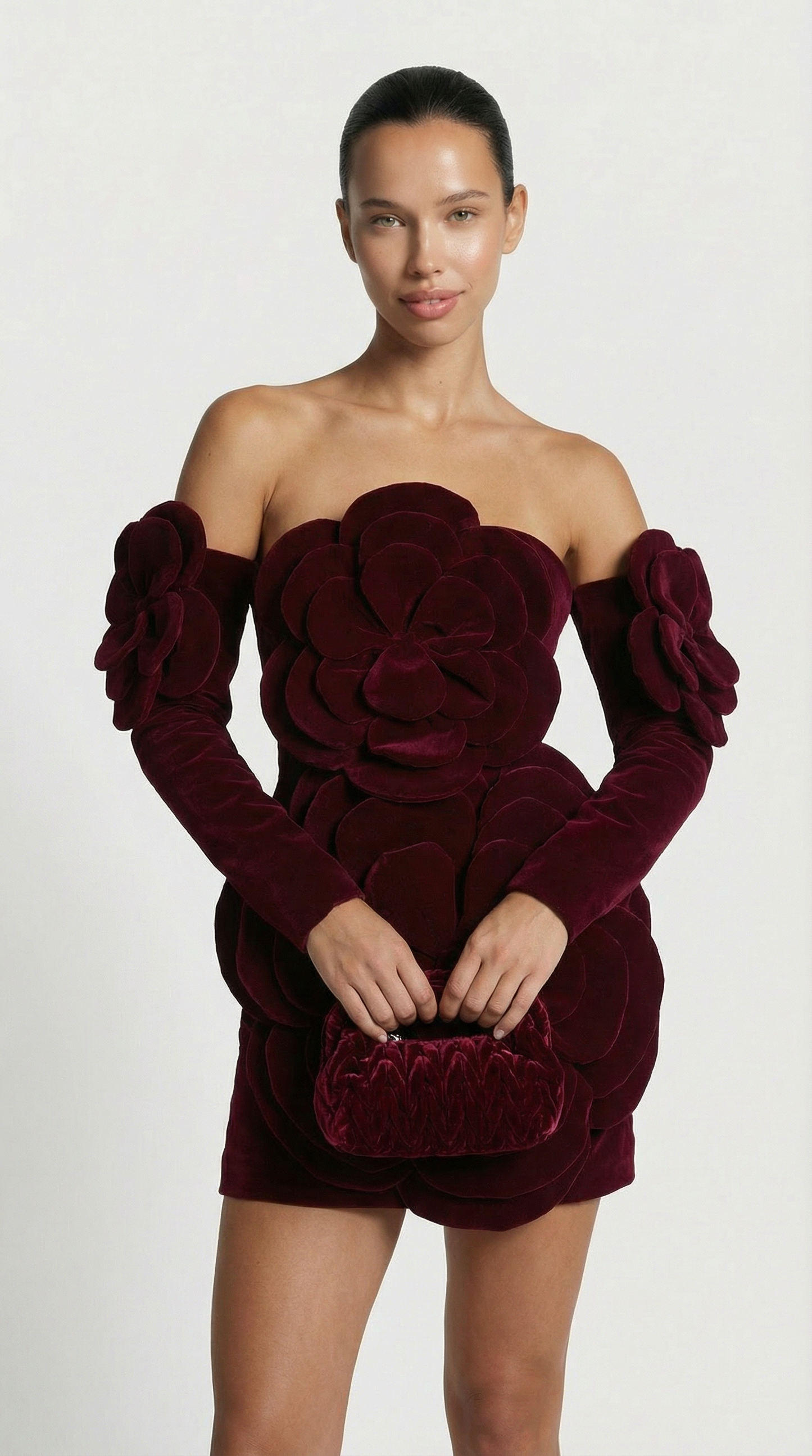 3D Sculptural Velvet Floral Gown and Gloves Set in Red