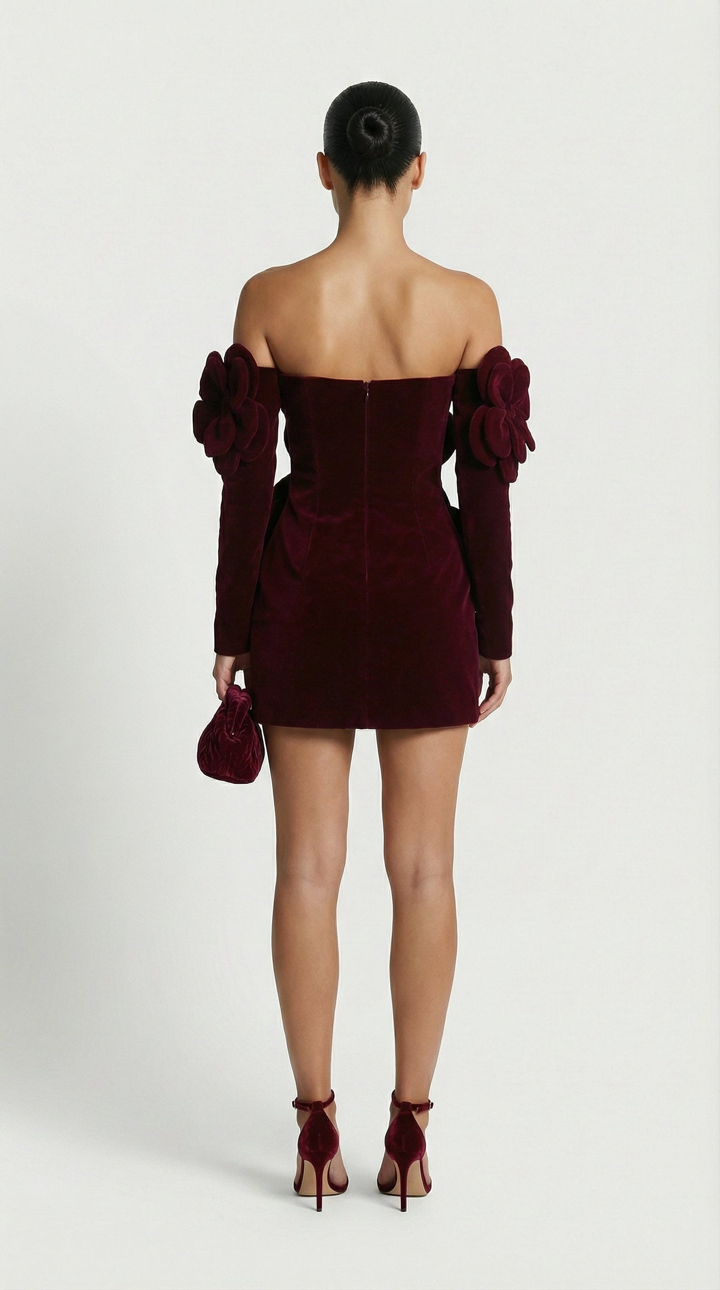 3D Sculptural Velvet Floral Gown and Gloves Set in Red