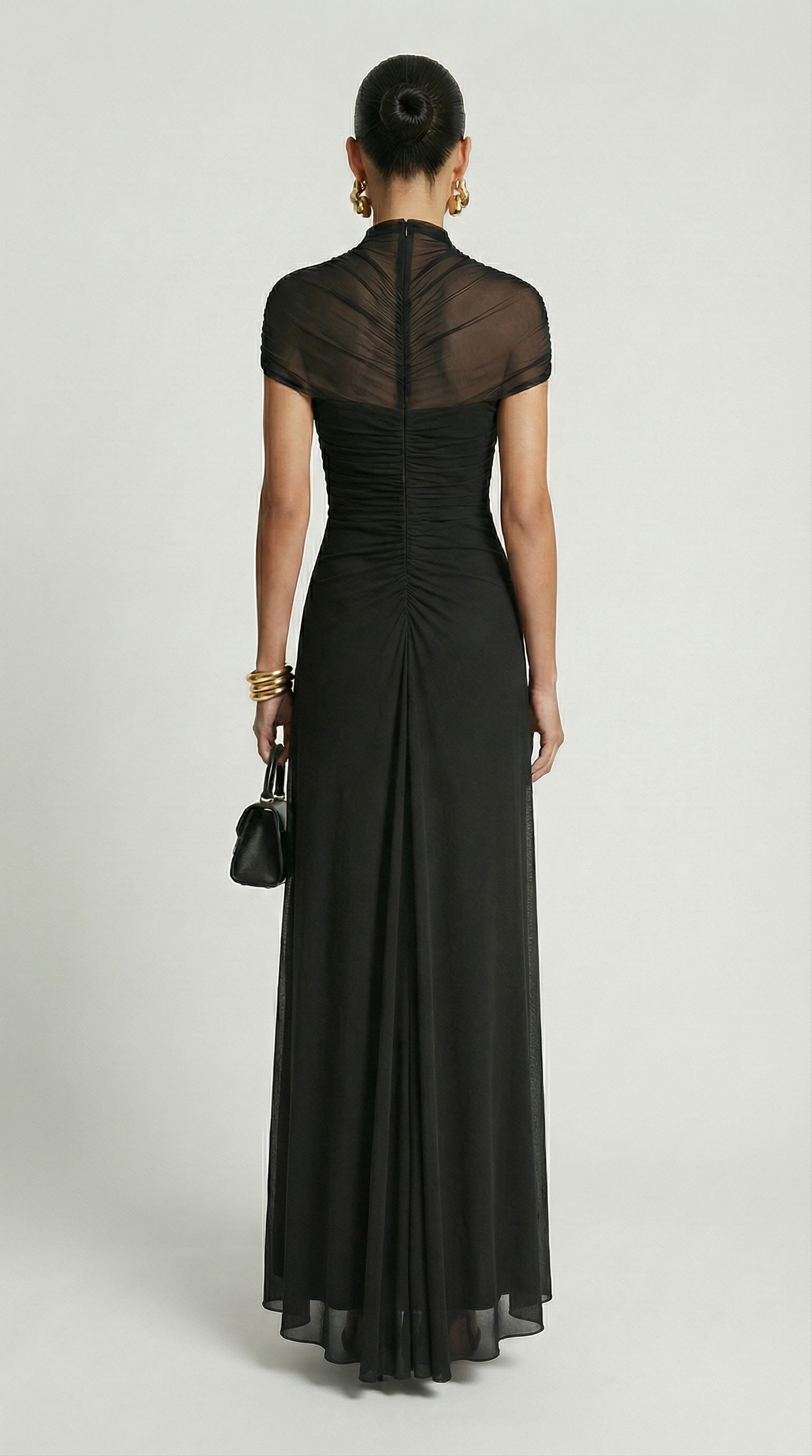 Black Ruched Irregular Mesh Cut-Out Maxi Dress