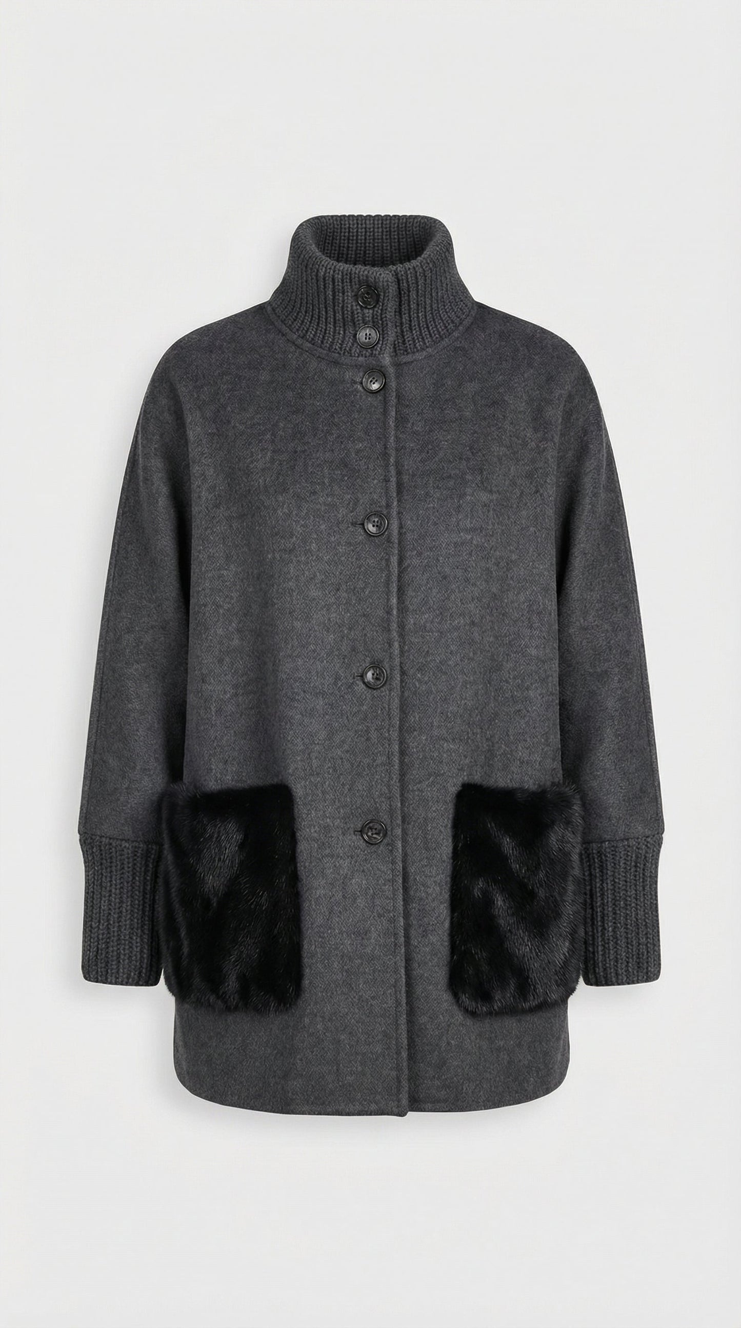 Loose Knit Gray Fur Sweater with Standup Collar