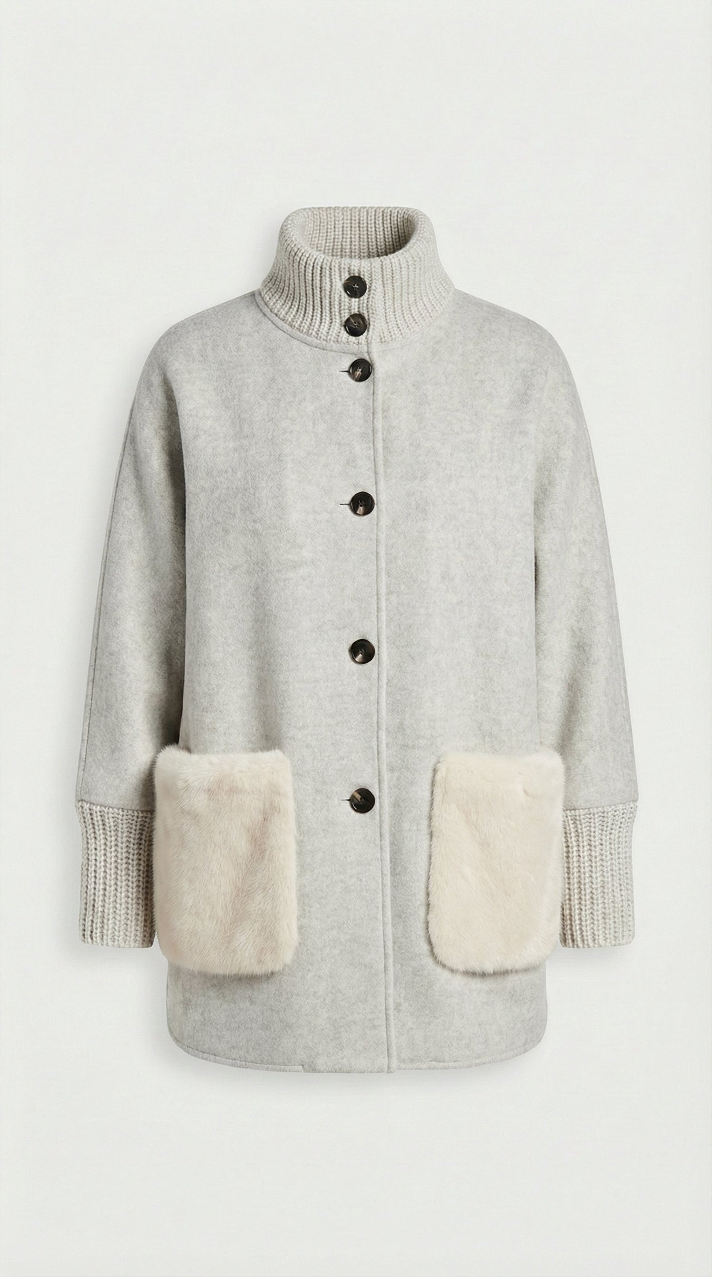 Loose Knit Fur Sweater with Standup Collar in Silver