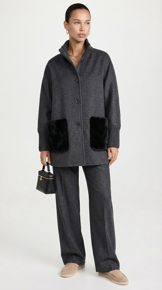 Loose Knit Gray Fur Sweater with Standup Collar