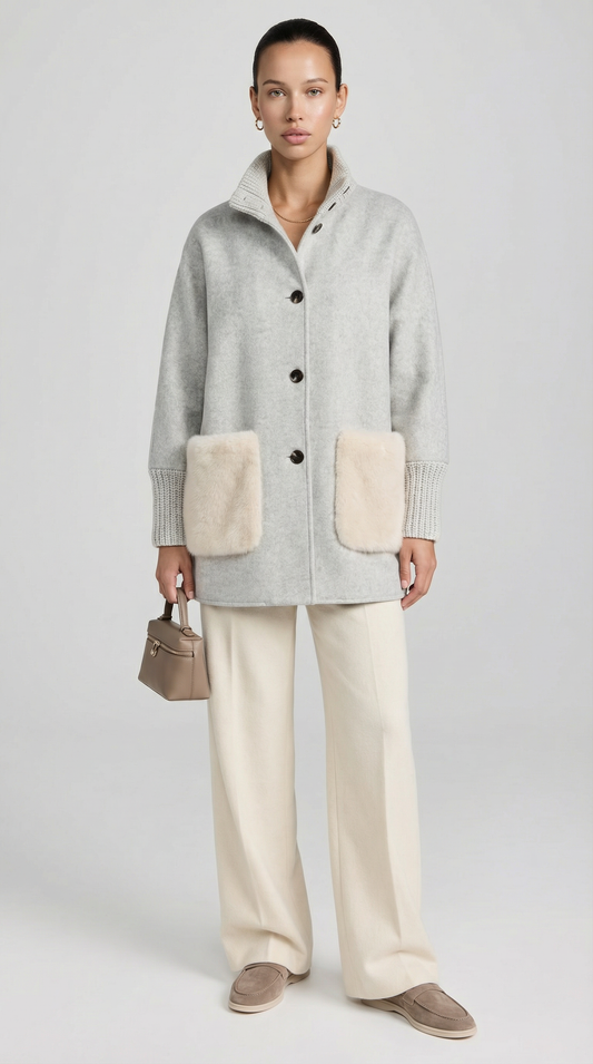 Loose Knit Fur Sweater with Standup Collar in Silver