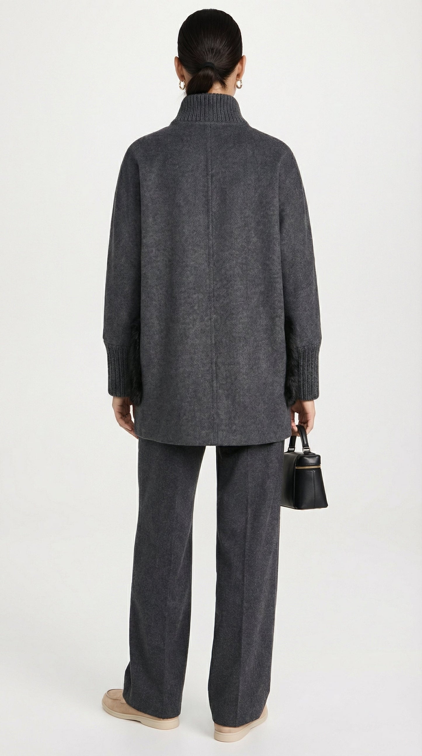 Loose Knit Gray Fur Sweater with Standup Collar