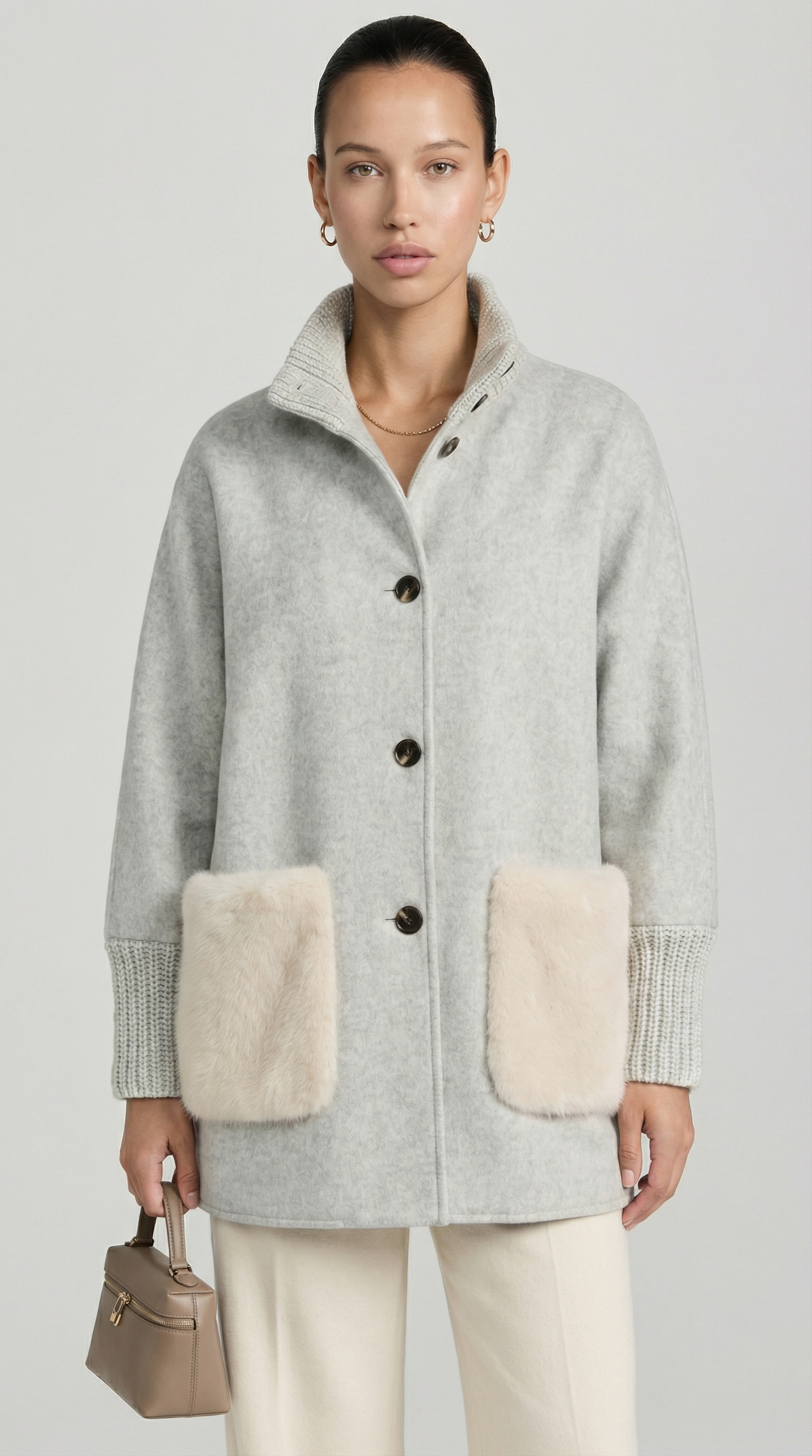 Loose Knit Fur Sweater with Standup Collar in Silver