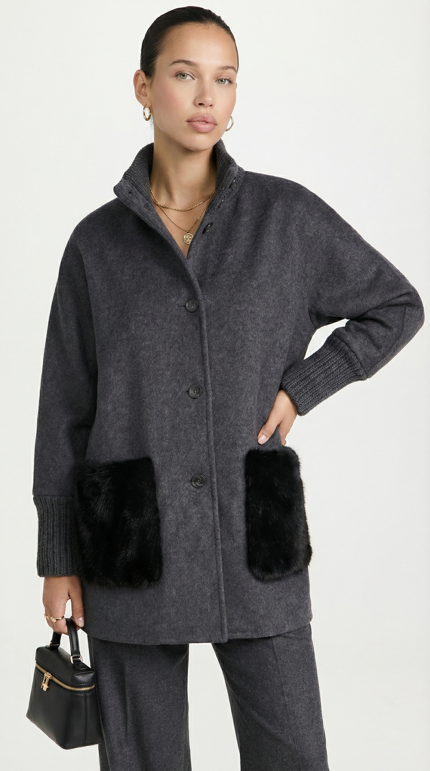 Loose Knit Gray Fur Sweater with Standup Collar
