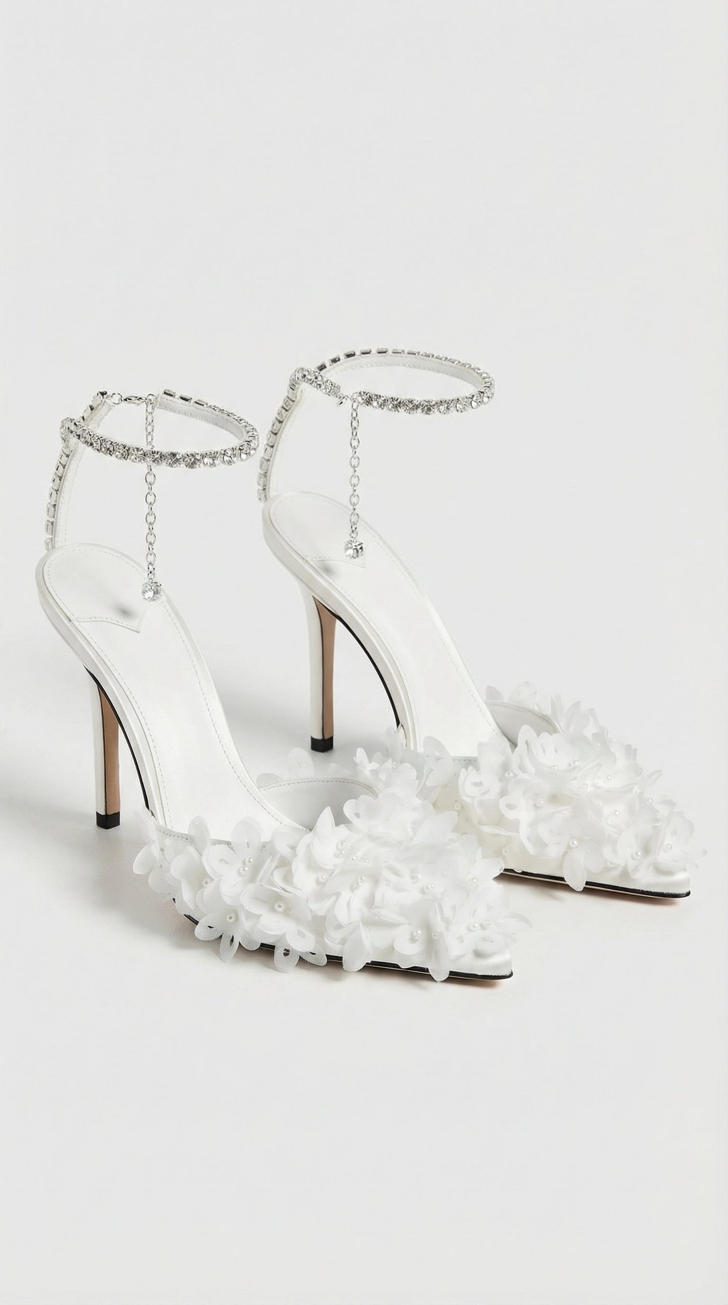 Flower Petal Embroidered Stiletto Sandals with Genuine Leather Interior - White