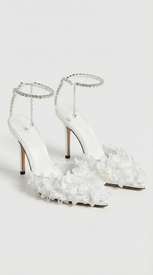 Flower Petal Embroidered Stiletto Sandals with Genuine Leather Interior - White